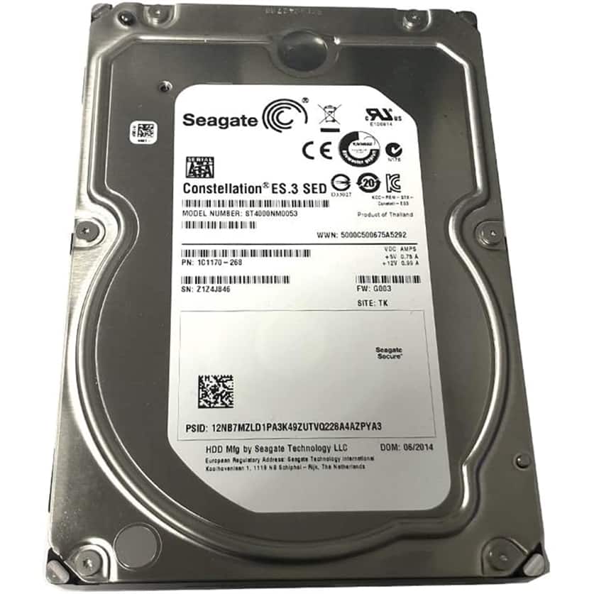 Seagate  
Constellation® ES.3 SED  
MODEL NUMBER: ST4000NM0053  
PN: 1C1170-268  
SN: 2124J846  
FW: G003  
SITE: TK  
Seagate Secure  
PSID: 12NB7MZLD1PA3K49ZUTVQ228A4AZPYA3  
HDD Mfg by Seagate Technology LLC  
European Regulatory Address: Seagate Technology International, Koohevanian 1, 1118 NJ Schiphol, The Netherlands  
DOM: 06/2014  

WNN: 5000C500675A5292  
VDC AMPS  
+12V 0.75 A  
+5V 0.09 A  
Product of Thailand  
SITE: TK  

Seagate  
Constellation® ES.3 SED  
MODEL NUMBER: ST4000NM0053  
PN: 1C1170-268  
SN: 2124J846  
FW