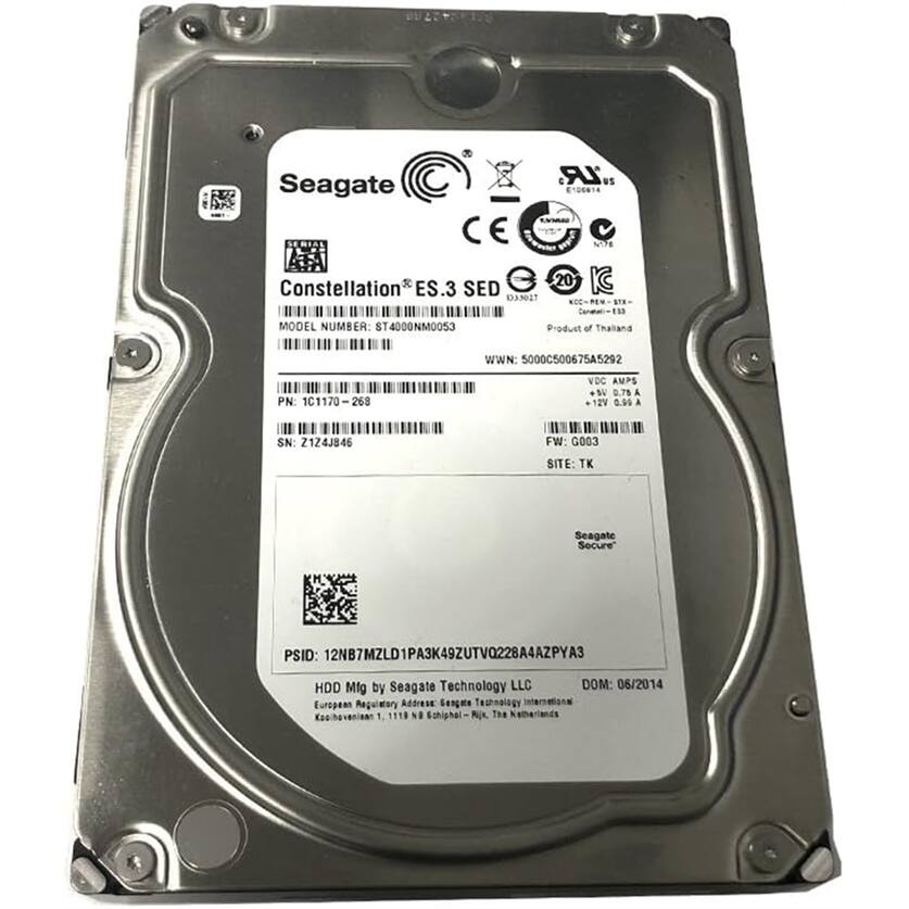 Seagate  
Constellation® ES.3 SED  
MODEL NUMBER: ST4000NM0053  
PN: 1C1170-268  
SN: 2124J846  
FW: G003  
SITE: TK  
Seagate Secure  
PSID: 12NB7MZLD1PA3K49ZUTVQ228A4AZPYA3  
HDD Mfg by Seagate Technology LLC  
European Regulatory Address: Seagate Technology International, Koohevanian 1, 1118 NJ Schiphol, The Netherlands  
DOM: 06/2014  

WNN: 5000C500675A5292  
VDC AMPS  
+12V 0.75 A  
+5V 0.09 A  
Product of Thailand  
SITE: TK  

Seagate  
Constellation® ES.3 SED  
MODEL NUMBER: ST4000NM0053  
PN: 1C1170-268  
SN: 2124J846  
FW