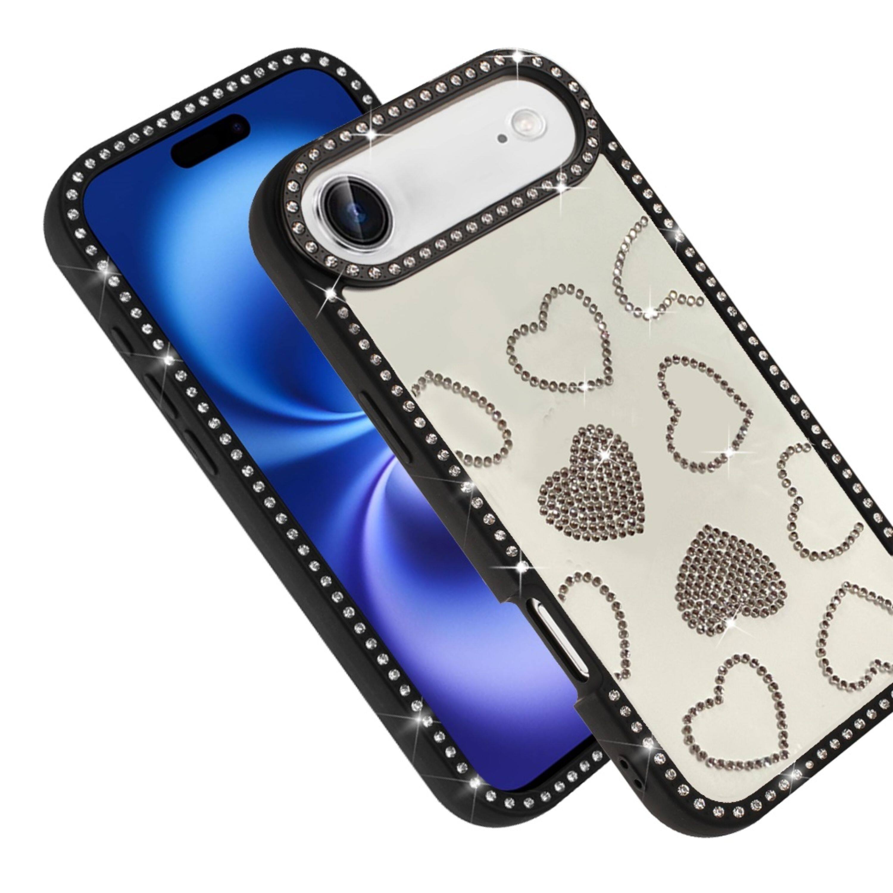 Left. Kitcheniva - Rhinestone Hearts Design Phone Case With Tempered Glass For iPhone Air Black - Black.