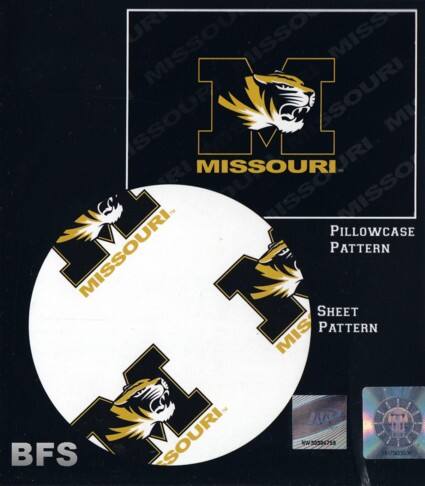 Sure, here is the corrected and grouped text from the image:

**Main Text:**
- MISSOURI
- MISSOURI
- MISSOURI
- MISSOURI

**Patterns:**
- PILLOWCASE PATTERN
- SHEET PATTERN

**Additional Text:**
- BFS
- 10 BFS
- NW 30334755

**Logo:**
- M (with a tiger face inside)

**Other:**
- MISSOURI (repeated in the background watermark)