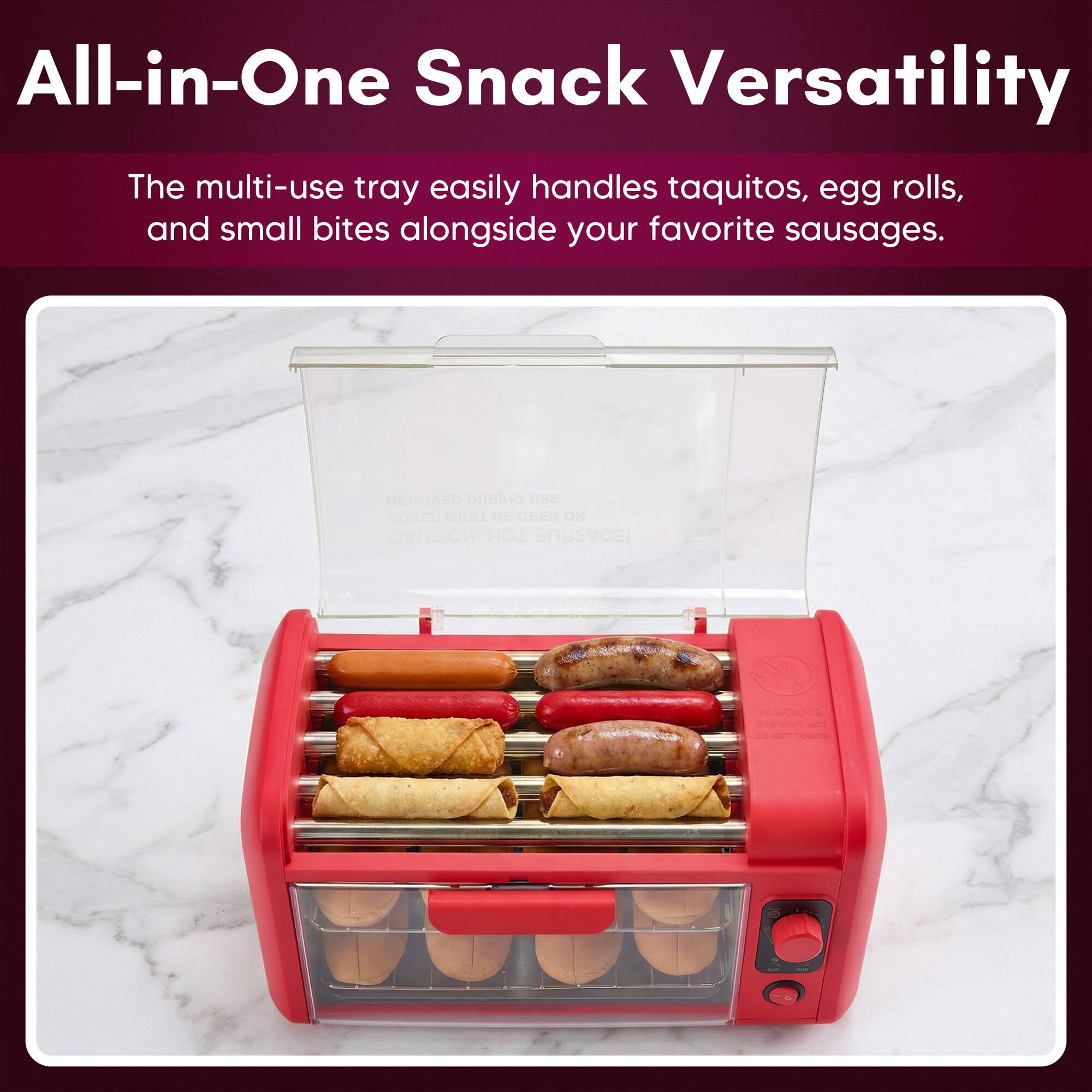 All-in-One Snack Versatility

The multi-use tray easily handles taquitos, egg rolls, and small bites alongside your favorite sausages.