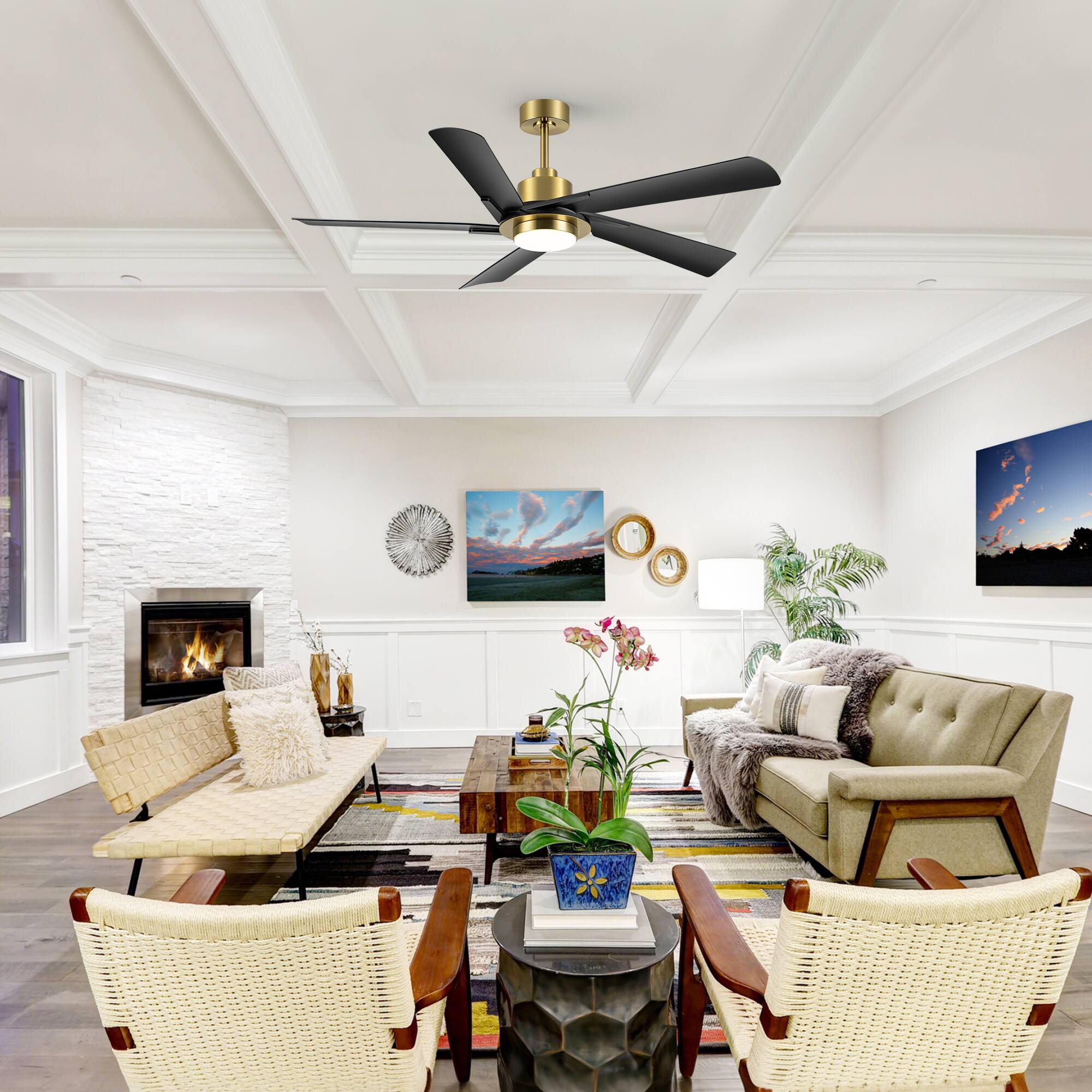 Back. Breezary - 60-Inch Indoor Ceiling Fan with 5 ABS Blades, 3-Color Light, 6-Speed DC Motor, Remote, Timer & Memory, 6"/12" Downrods - Gold and Black.