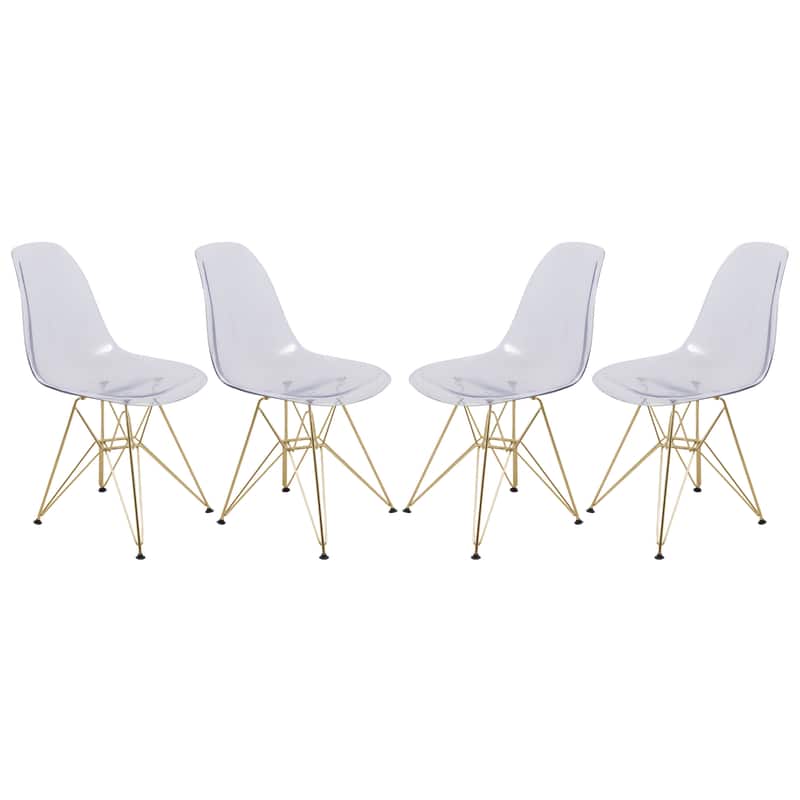 LeisureMod - Cresco 4-Pieces Modern Acrylic Dining Chair with Ergonomic Seat and Gold Eiffel Base for Indoor Outdoor - Clear