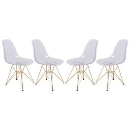 LeisureMod - Cresco 4-Pieces Modern Acrylic Dining Chair with Ergonomic Seat and Gold Eiffel Base for Indoor Outdoor - Clear