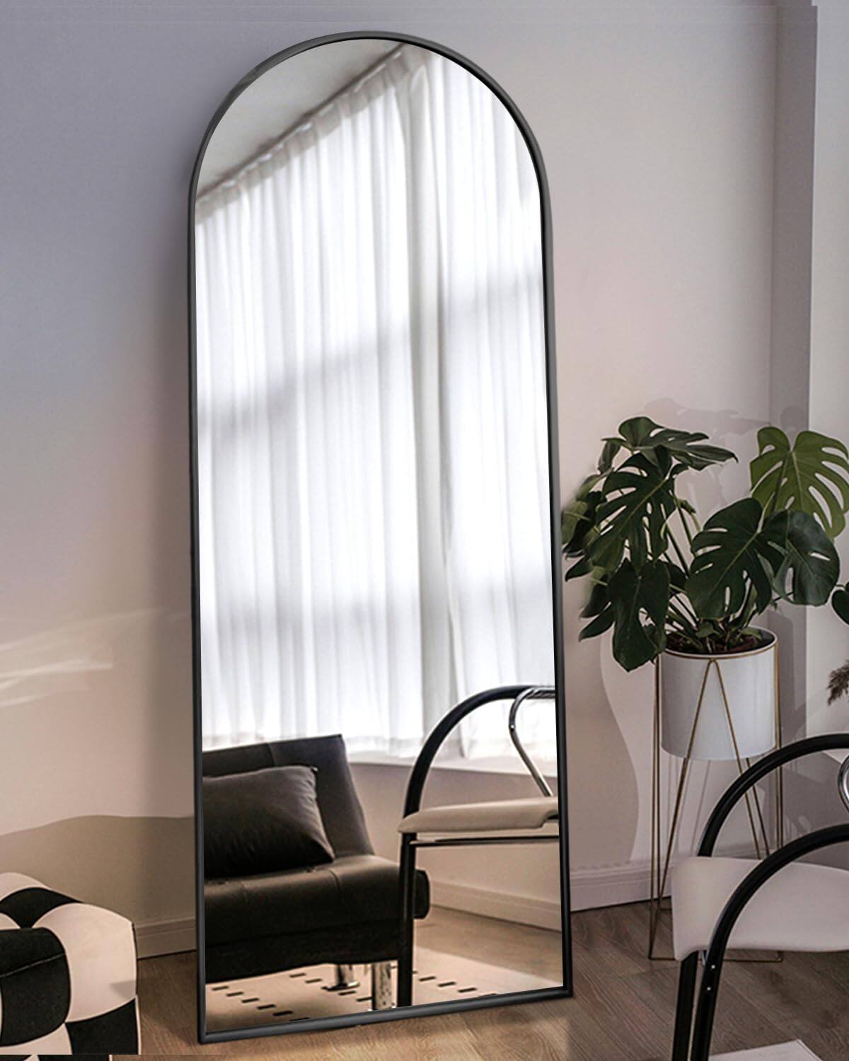 Alt View 1. Hanke - Arched Full Length Mirror Floor With Stand Large Wall Body Mounted For Bedroom - Black 71"L x 28"W.