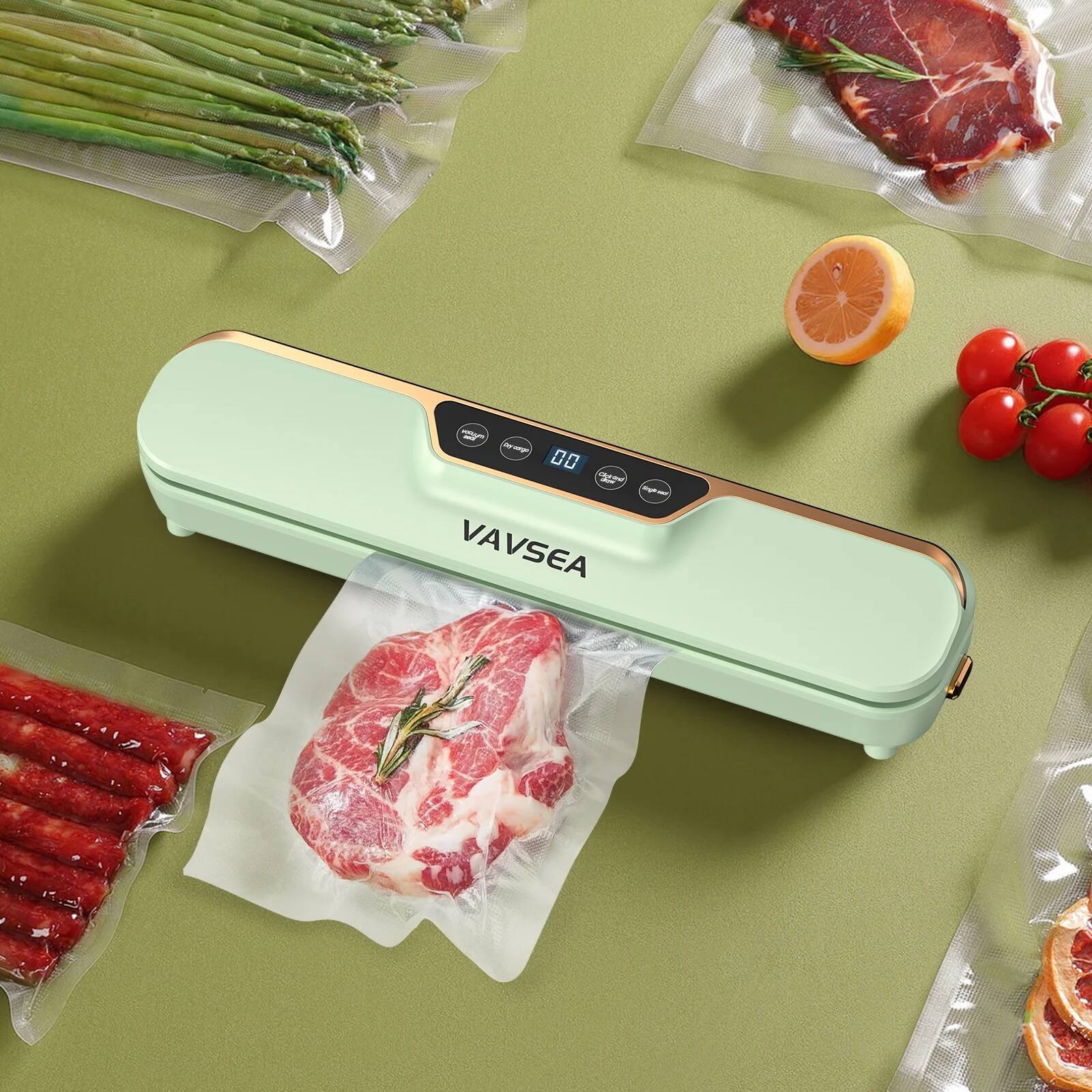 Angle. VAVSEA - Vacuum Sealer, 62Kpa Food Sealer Machines with 4 Modes, Dry/Draw/Seal/Vac and 10Pcs Bags Starter Kit for Dry & Moist Foo - green.
