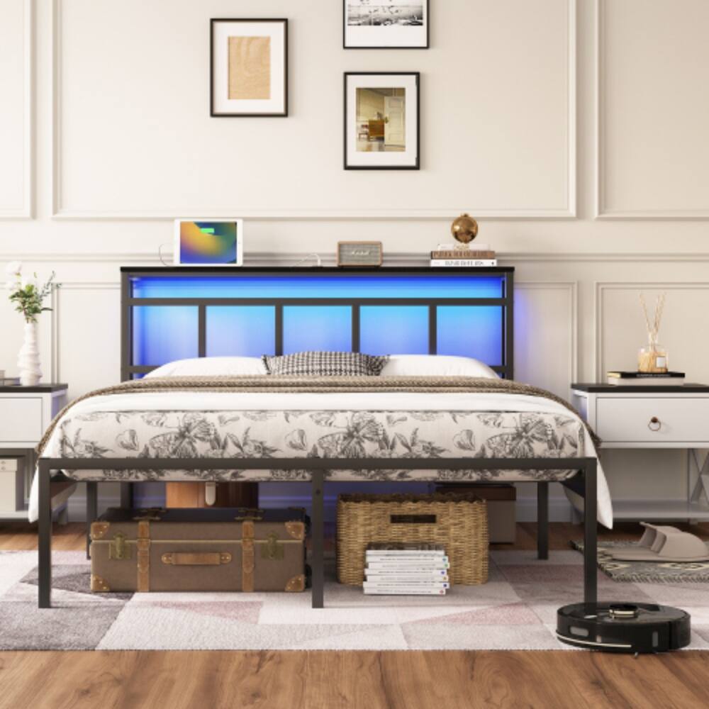 Back. LUCKY ONE - 14 Inch Queen Size Bed Frame with Storage Headboard, USB-C and Type-C Charging, RGB LED Lights, Metal Slats - Black.