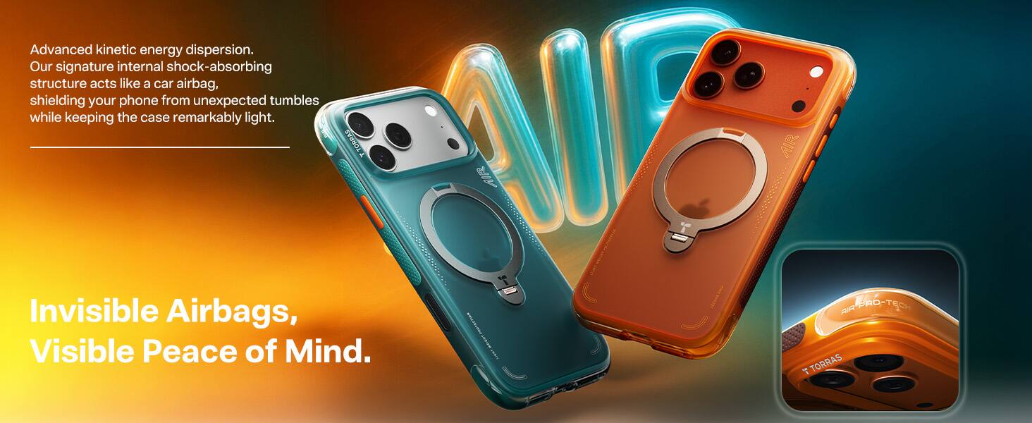 Advanced kinetic energy dispersion. Our signature internal shock-absorbing structure acts like a car airbag, shielding your phone from unexpected tumbles while keeping the case remarkably light. TORRAS AIR AIR Invisible Airbags, Visible Peace of Mind. E LIMAT AIR PRO-TECH