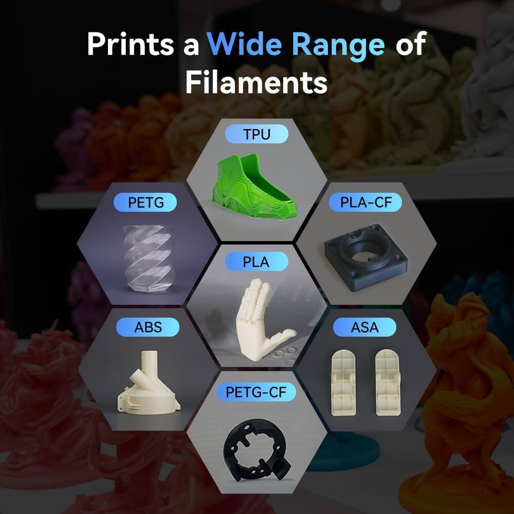 Prints a Wide Range of Filaments

- TPU
- PETG
- PLA-CF
- PLA
- ABS
- ASA
- PETG-CF