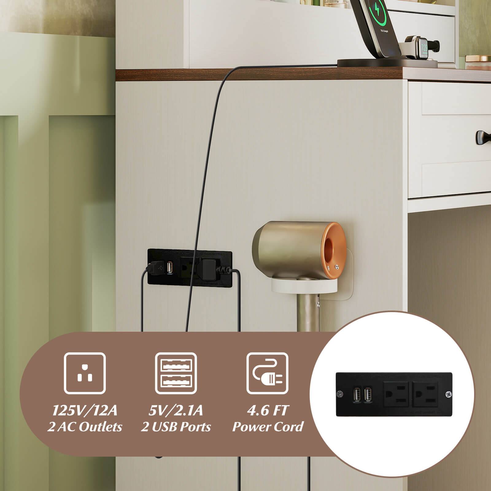 125V/12A  
2 AC Outlets  
5V/2.1A  
2 USB Ports  
4.6 FT Power Cord