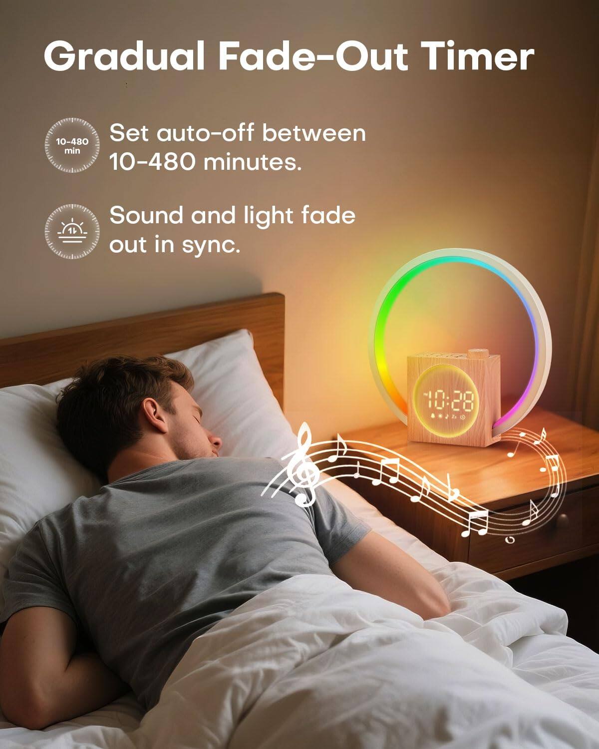 Gradual Fade-Out Timer

Set auto-off between 10-480 minutes.  
Sound and light fade out in sync.
