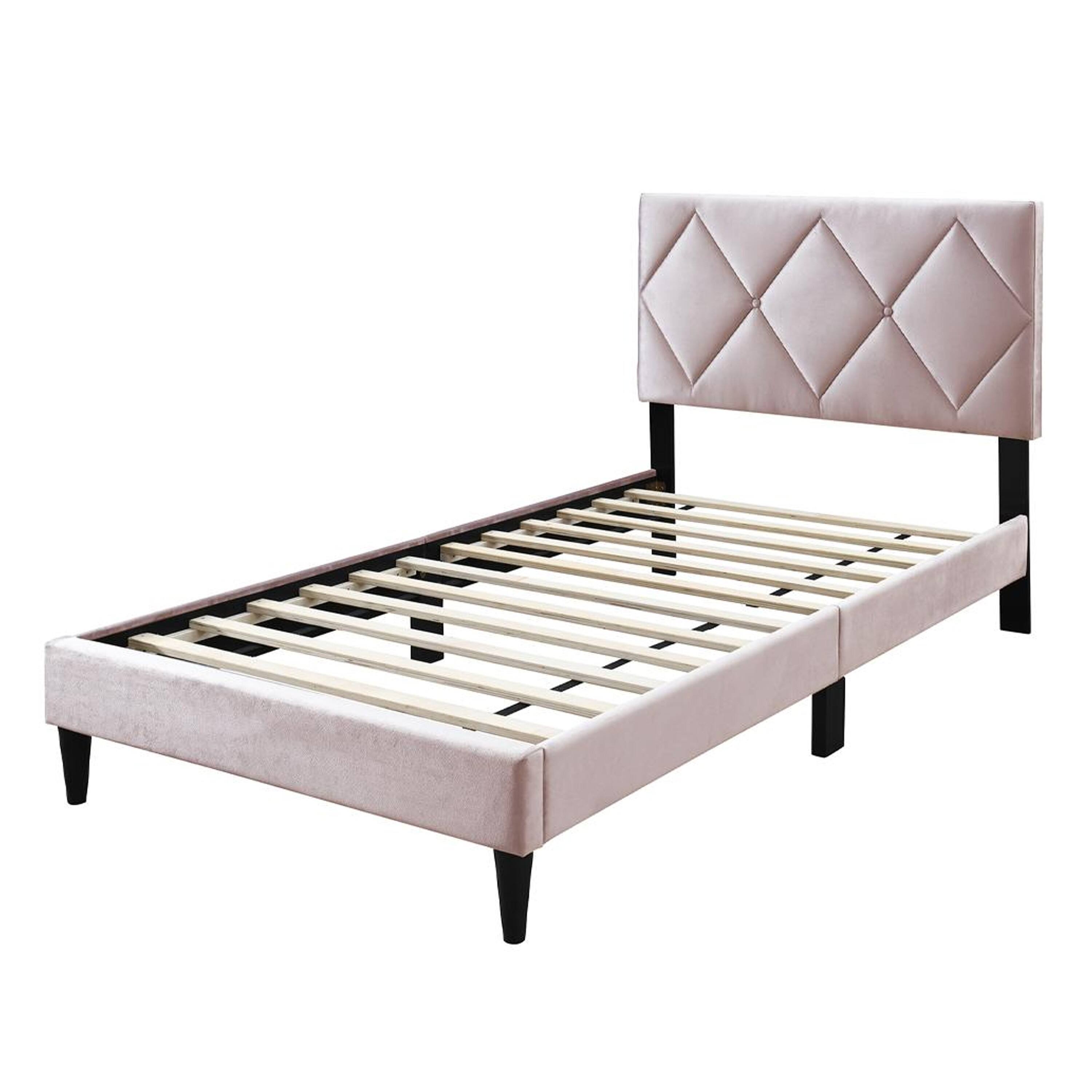 Alt View 1. Manhattan Lane - Lilian Full Bed, Tufted Light Pink Velvet Upholstery, Diamond Stitch - Pink, Black.