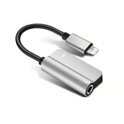 Front. Home Collection - 2-in-1 Lightning to 3.5mm AUX Audio + Charger Adapter for iPhone 14/13/12/11/X - Silver.