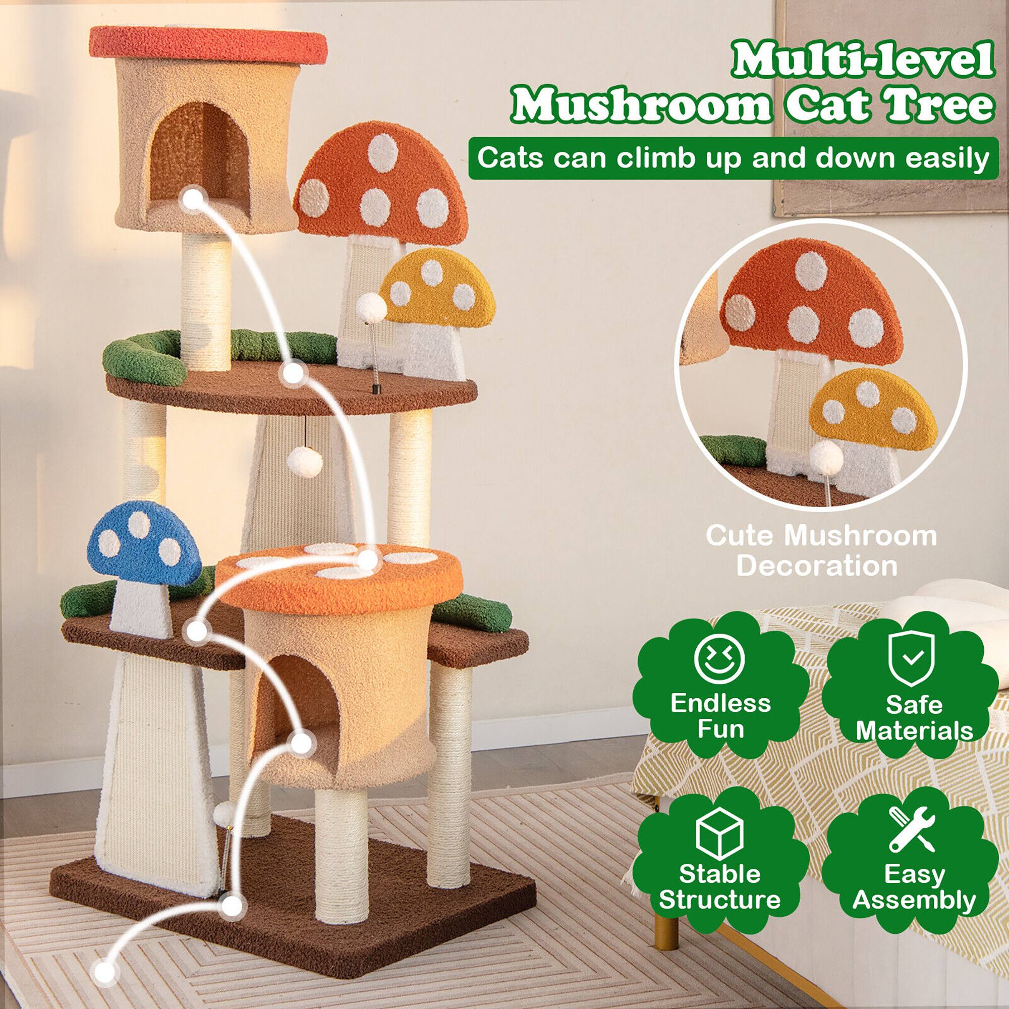 Multi-level Mushroom Cat Tree  
Cats can climb up and down easily  

Cute Mushroom Decoration  

Endless Fun  
Safe Materials  
Stable Structure  
Easy Assembly