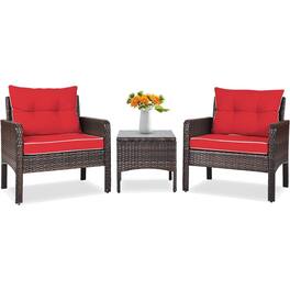 Hivvago - 3-Piece Brown PE Rattan Outdoor Dining Patio Furniture Set with Red Cushions - Red, Brown