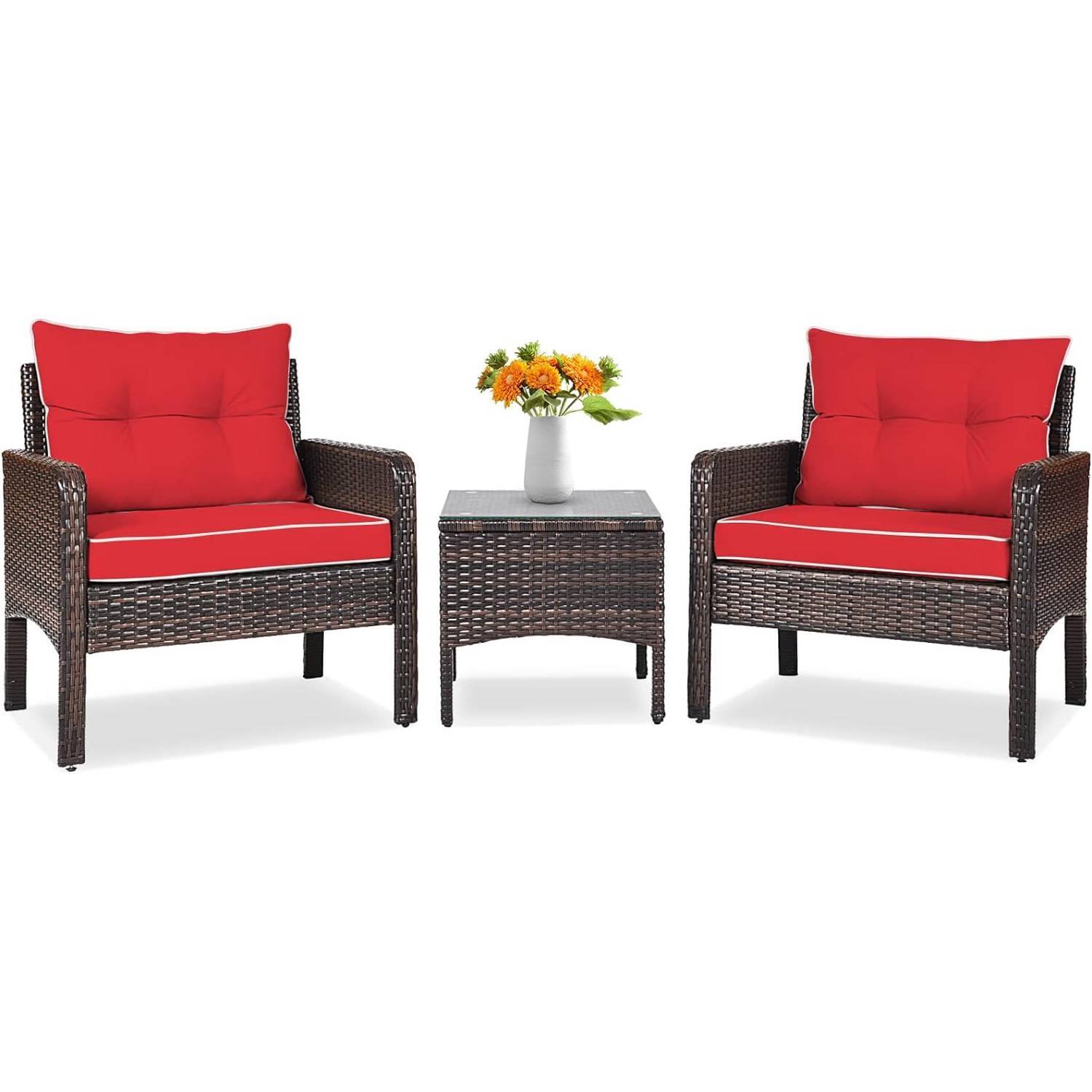 Front. Hivvago - 3-Piece Brown PE Rattan Outdoor Dining Patio Furniture Set with Red Cushions - Red, Brown.