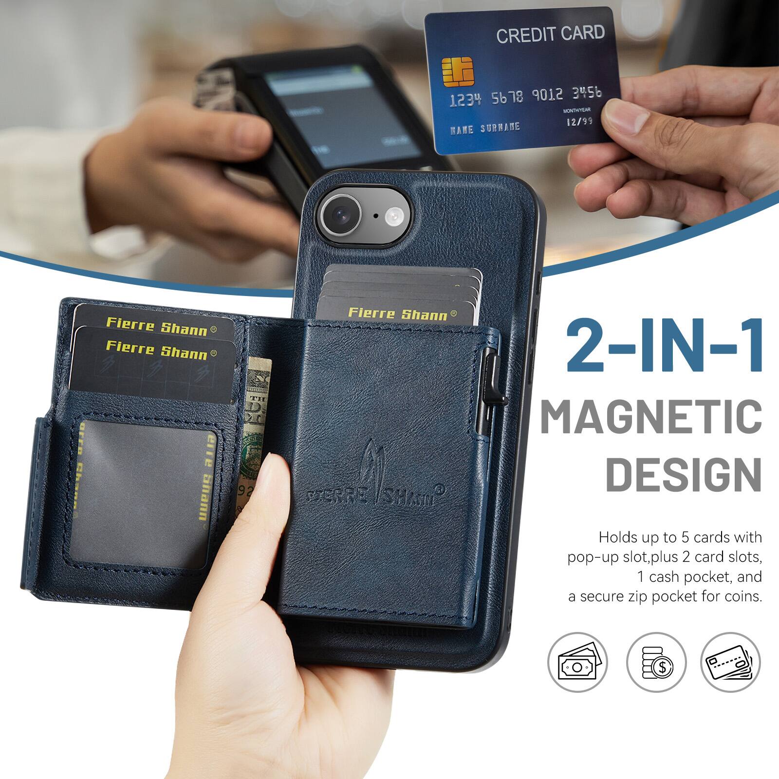CREDIT CARD 5678 9012 3456 1234 MUNTTSM 12/99 MAME SURNAME OrfO Chsae Fierre Shann Fierre Shann Fierre Shann T erre 9 Snann Flerre Shann SERRE SHAMP 2-IN-1 MAGNETIC DESIGN Holds up to 5 cards with pop-up slot, plus 2 card slots, 1 cash pocket, and a secure zip pocket for coins.