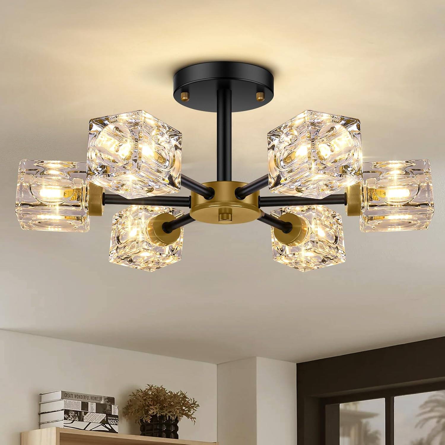 Nordic Hygge - Black Modern 6-Light Crystal Semi-Flush Mount Ceiling Light