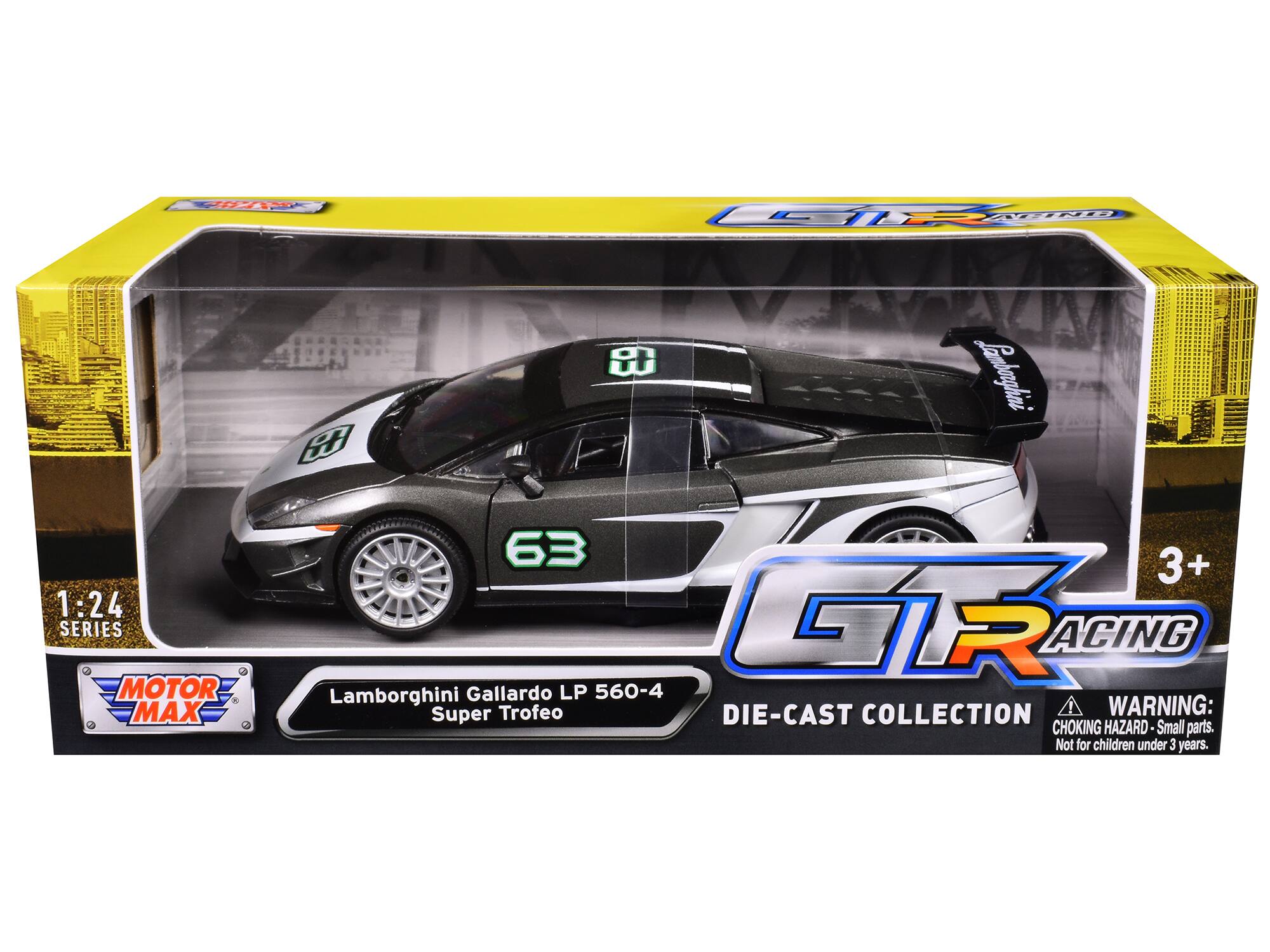 Sure, here is the corrected and grouped text from the image:

---

**1:24 SERIES**

**MOTOR MAX**

**Lamborghini Gallardo LP 560-4 Super Trofeo**

**GT RACING**

**DIE-CAST COLLECTION**

**63**

**3+**

**WARNING: CHOKING HAZARD - Small parts. Not for children under 3 years.**

---

This text is organized to reflect the information on the packaging.