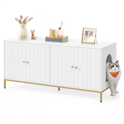 Front. Songmics Home - Double Litter Box Enclosure, Modern Cat Litter Box Furniture Hidden, with Scratching Mat, Tall Legs, Cat House - White, Gold.