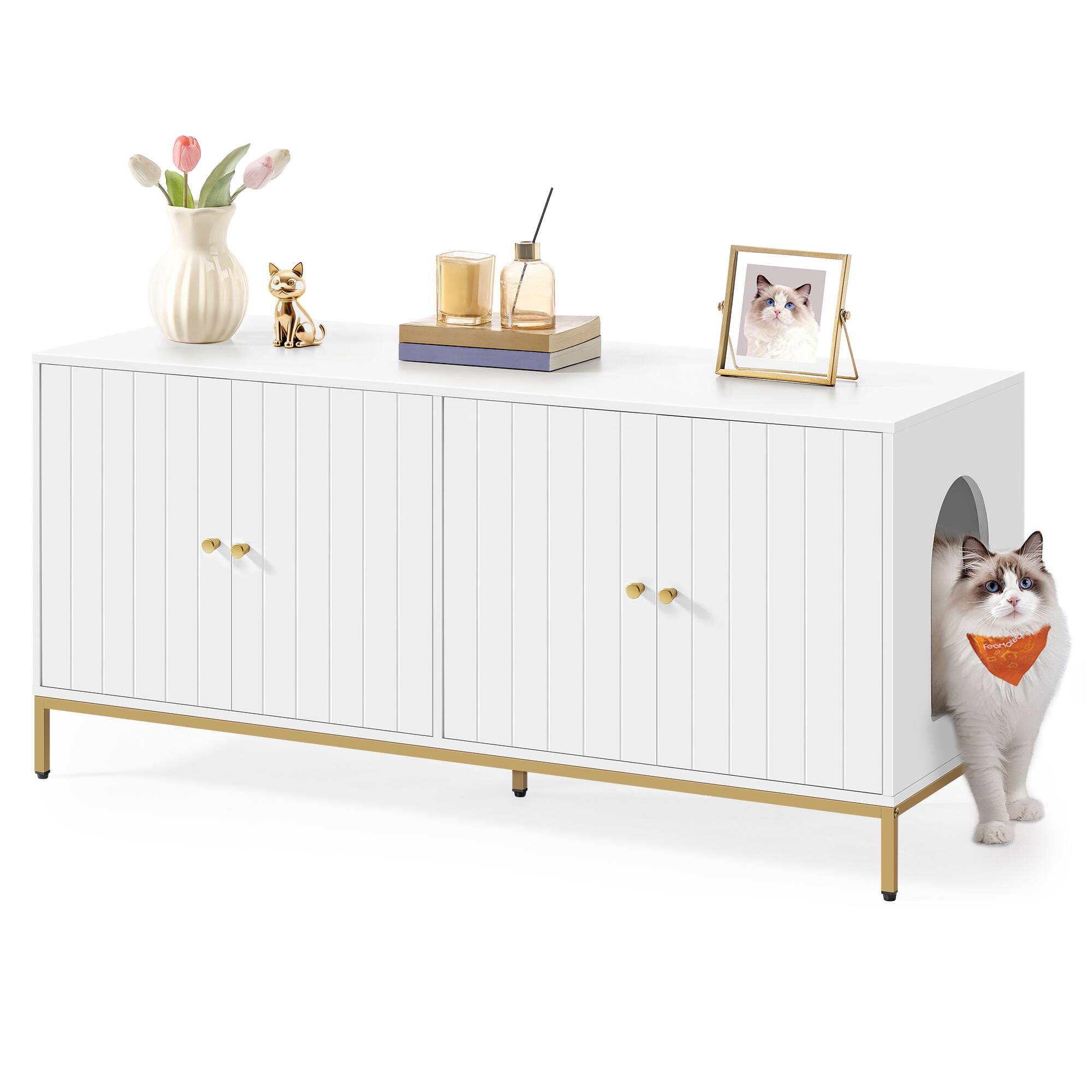Front. Songmics Home - Double Litter Box Enclosure, Modern Cat Litter Box Furniture Hidden, with Scratching Mat, Tall Legs, Cat House - White, Gold.