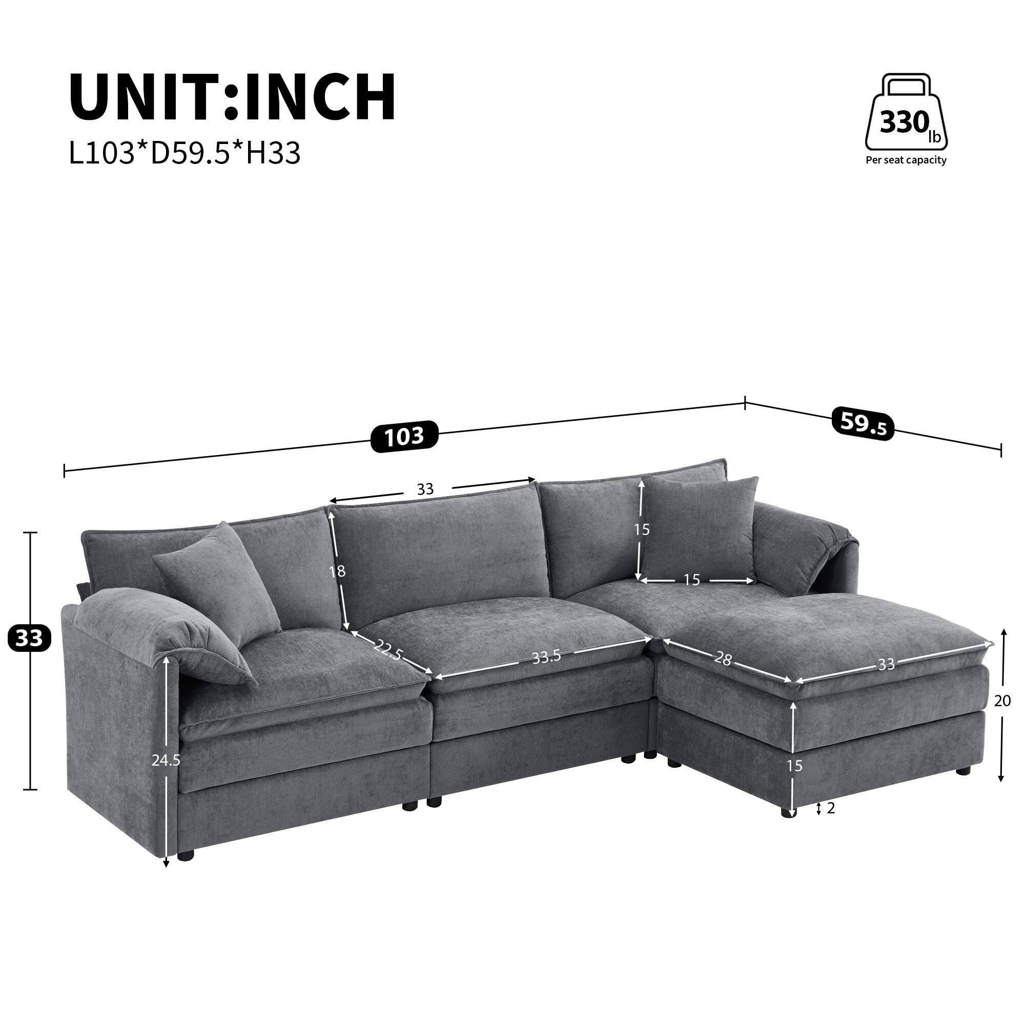Roomtec - VIDEO103 inch Chenille Modular Sectional Sofa with Deep and Wide SeatL Shaped Cloud Couch Set with Double Cushions4 - Dark Gray