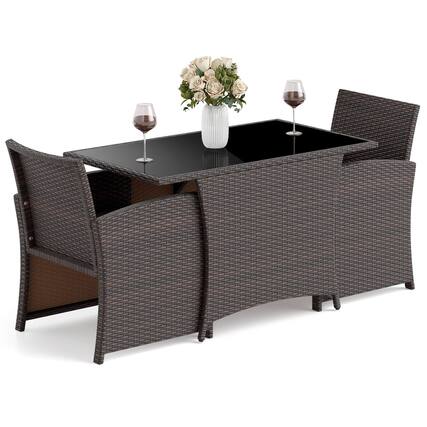 Front. Costway - Costway 3 PCS Wicker Bistro Set Balcony Furniture Set with Tempered Glass Dining Table - Black.
