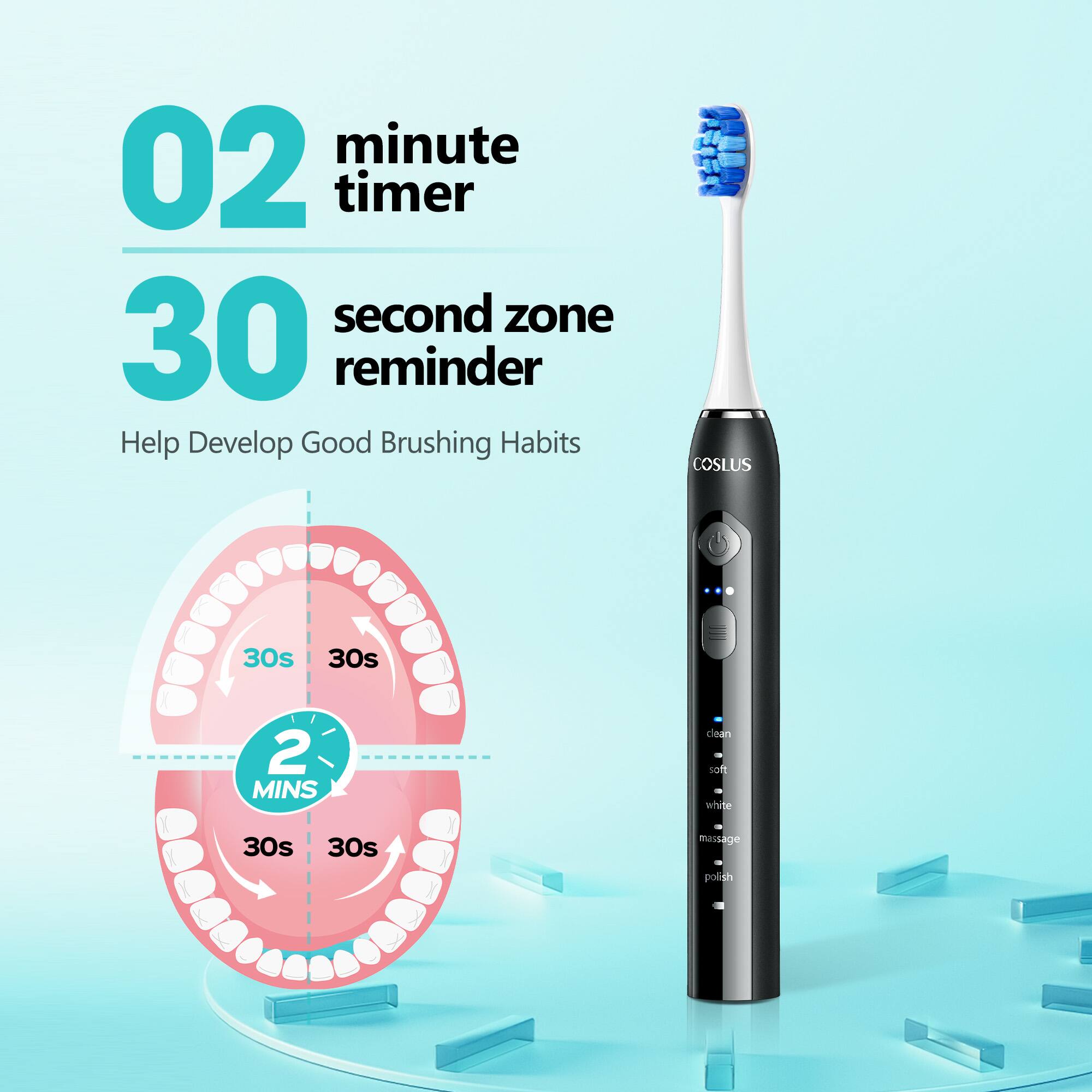 02 minute timer  
30 second zone reminder  
Help Develop Good Brushing Habits  
COSLUS  
30s 30s | 2 MINS  
clean  
soft  
white  
massage  
polish