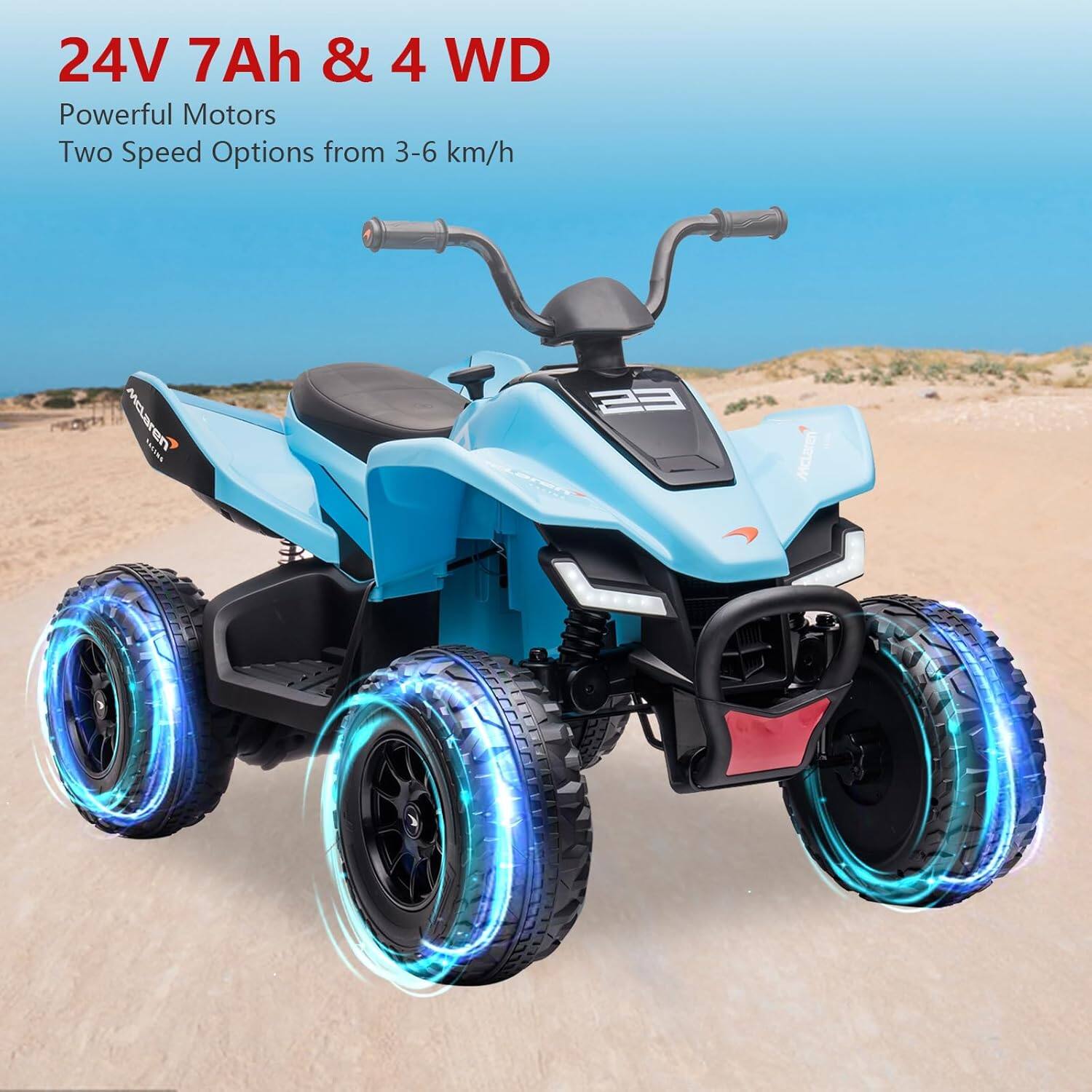 24V 7Ah & 4 WD  
Powerful Motors  
Two Speed Options from 3-6 km/h