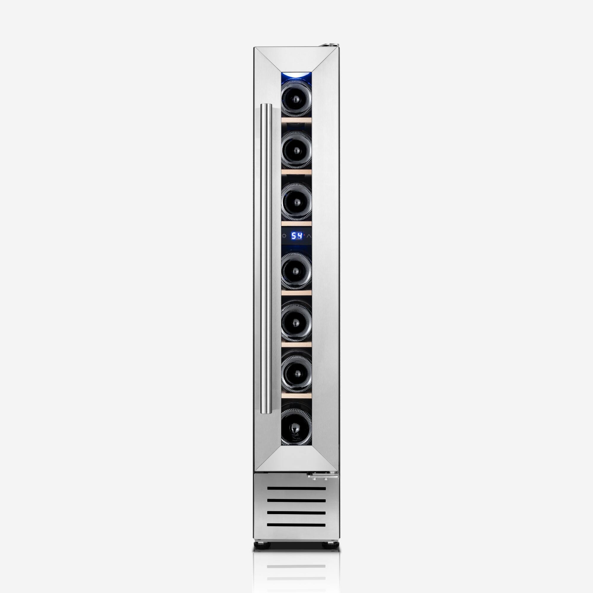 Angle. Yeego - Yeego 7-Bottle Wine Cooler – 40-65°F, Freestanding/Built-In, Glass Door - Stainless Steel.