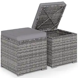 Costway - 2PCS Patio Rattan Ottomans Seat Side Table Storage Box Footstool with Cushion - Gray+Gray