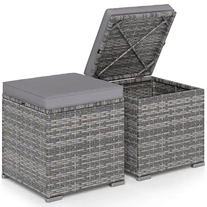 Front. Costway - Costway 2PCS Patio Rattan Ottomans Seat Side Table Storage Box Footstool with Cushion - Gray+Gray.
