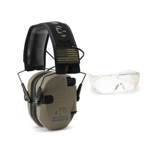 Angle. Walkers - Walker's Razor Slim Electronic Muffs (FDE Patriot) with Shooting Glasses - Green.