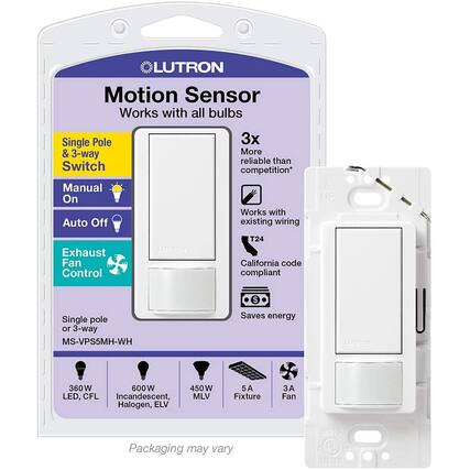 LUTRON Motion Sensor
Works with all bulbs
Single Pole & 3-way Switch
Manual On Auto Off
3x More reliable than competition*
Works with existing wiring
Exhaust Fan Control
LUTRON T24
California code compliant
Single pole or 3-way
MS-VPS5MH-WH
Saves energy
LUTRON
360W 600W 450W LED, CFL Incandescent, MLV Halogen, ELV
5A Fixture
3A Fan
Packaging may vary
*Packaging may vary