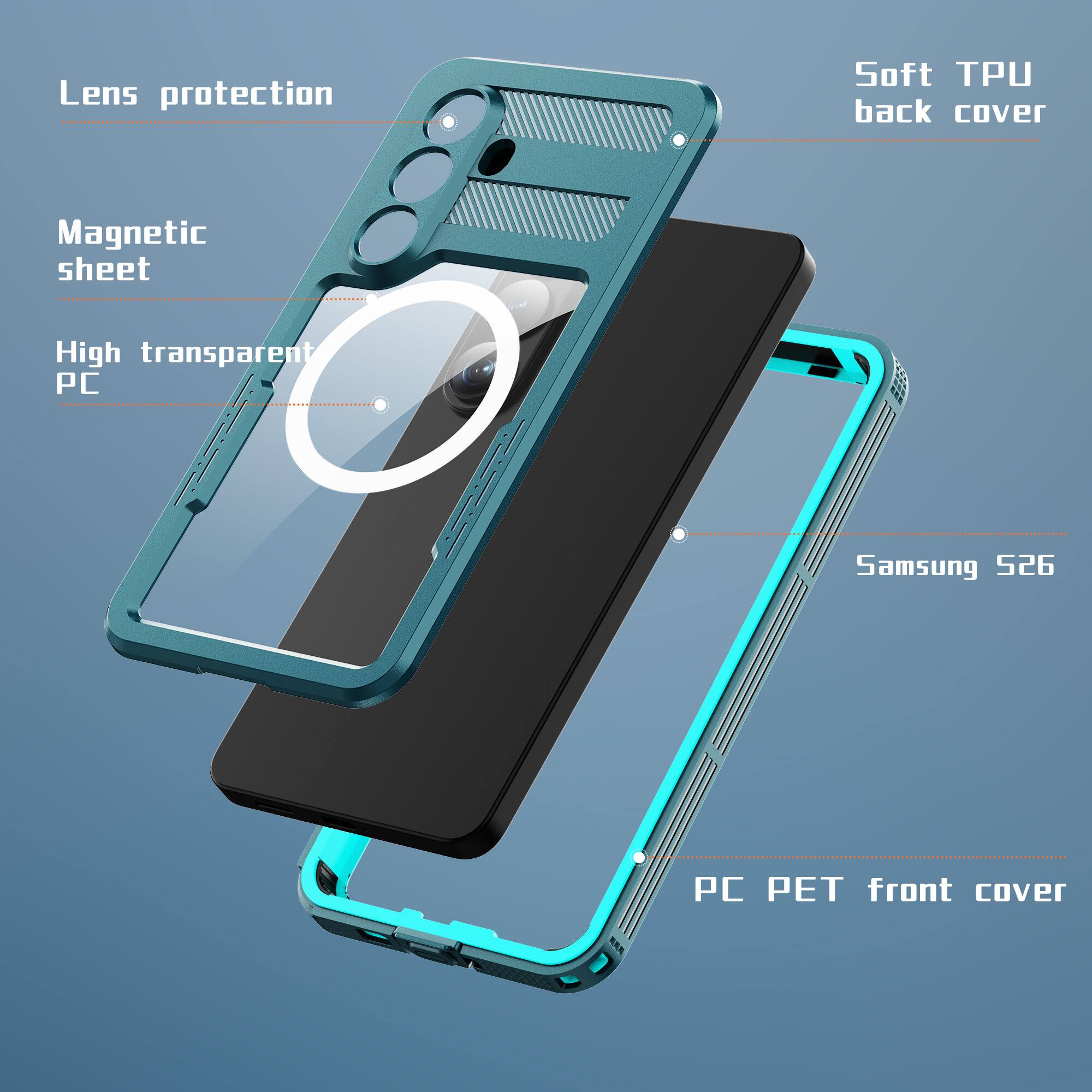 - Lens protection
- Soft TPU back cover
- Magnetic sheet
- High transparent PC
- Samsung S26
- PC PET front cover