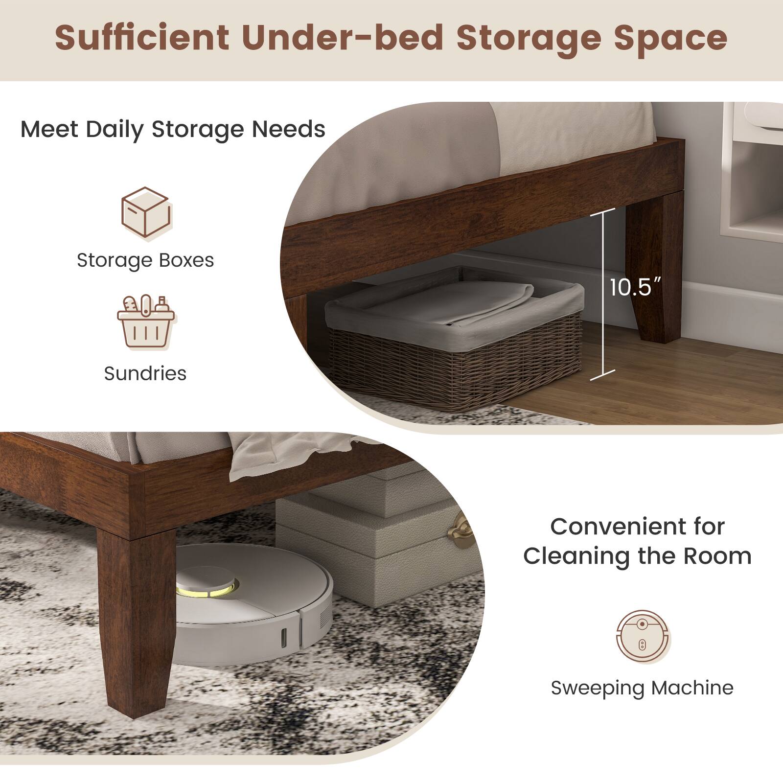 Sufficient Under-bed Storage Space, Meet Daily Storage Needs, Storage Boxes, Sundries, Convenient for Cleaning the Room, Sweeping Machine