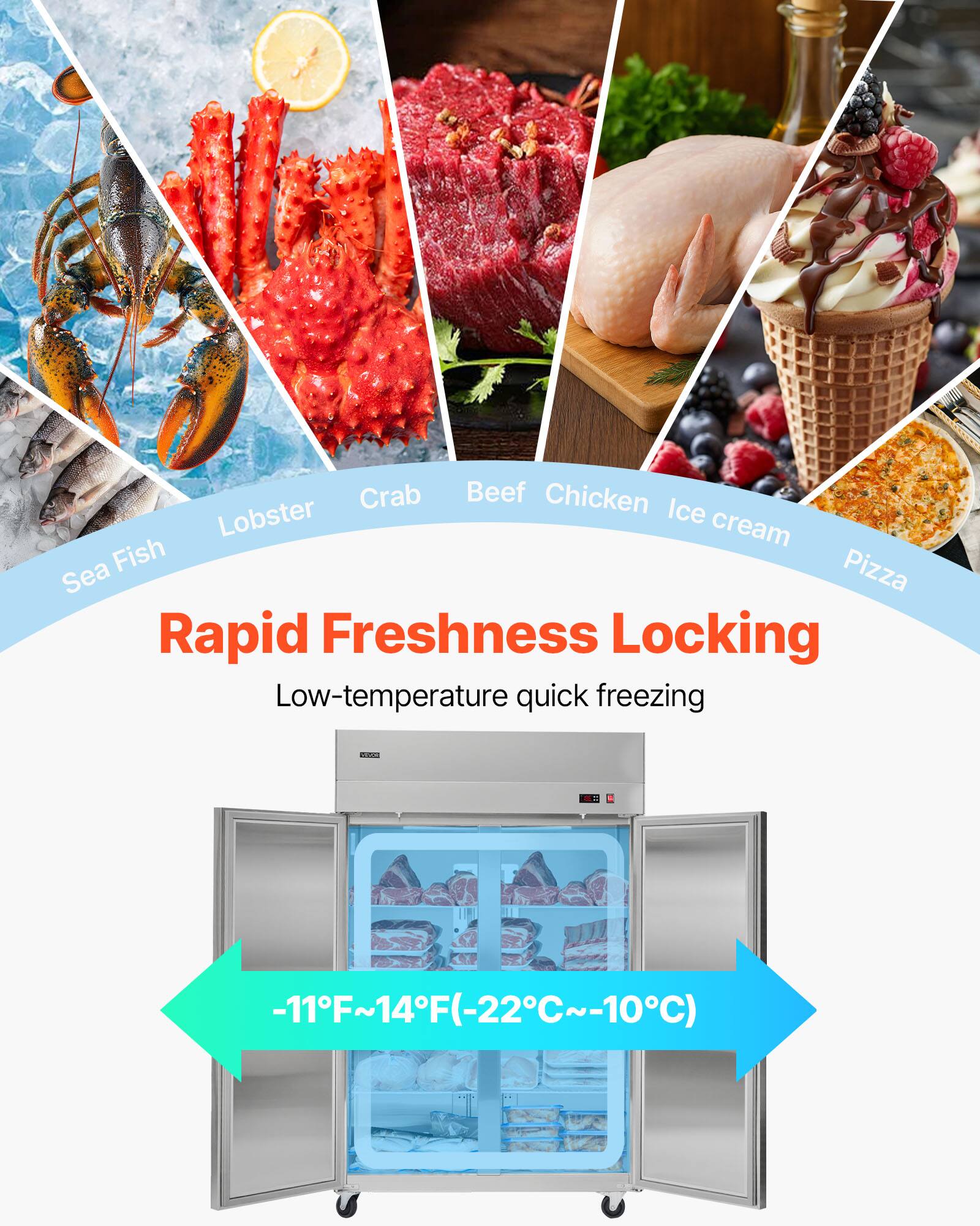 Crab Beef Chicken Lobster Ice cream Fish Pizza Sea Rapid Freshness Locking Low-temperature quick freezing COO -11F~14F(-22C~-10C)