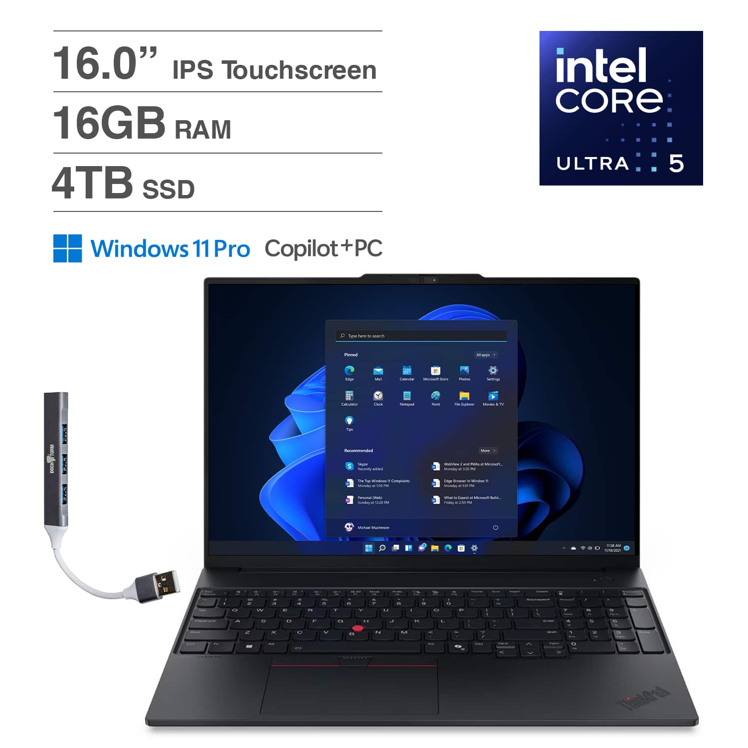 Lenovo - ThinkPad E16 Laptop 16'' Touchscreen (Intel Ultra 5-225U, 16GB DDR5, 4TB SSD, Win 11 Pro) w/DKZ USB Hub - Black