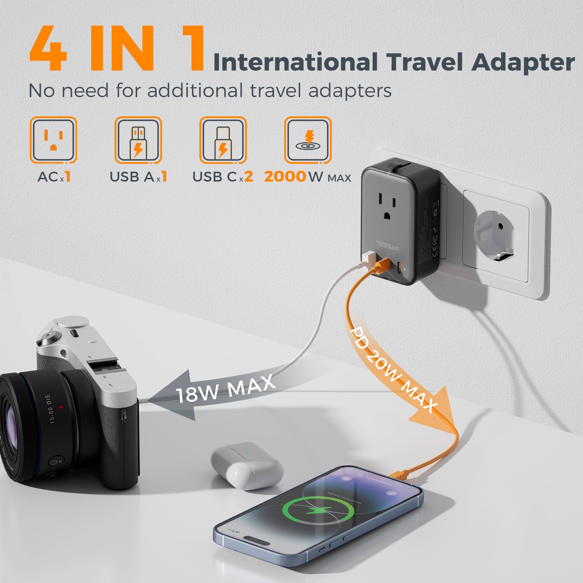 4 IN 1 International Travel Adapter  
No need for additional travel adapters  
AC x1  
USB A x1  
USB C x2  
2000W MAX  
TESSAN 20023  
OIS 15-50  
18W MAX  
PD 20W MAX