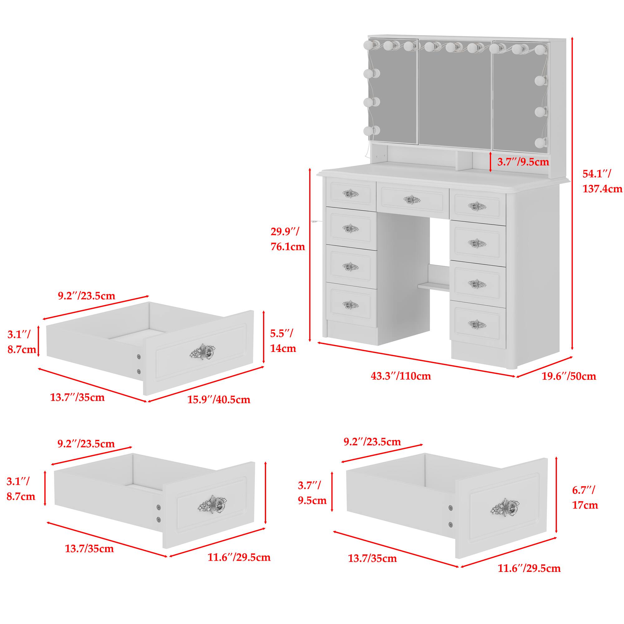Here is the corrected and grouped text based on the image:

- **Height:** 54.1"/137.4cm
- **Width:** 29.9"/76.1cm
- **Depth:** 9.27"/23.5cm
- **Drawer 1:** 3.1"/8.7cm x 5.5"/14cm x 13.7"/35cm
- **Drawer 2:** 3.1"/8.7cm x 5.5"/14cm x 13.7"/35cm
- **Drawer 3:** 3.1"/8.7cm x 5.5"/14cm x 13.7"/35cm
- **Drawer 4:** 3.1"/8.7cm x 5.5"/14cm x 13.7"/35cm
- **Drawer 5:** 3.1"/8.7cm x 5.5"/14cm x 13.7"/35cm
- **Mirror:** 3.7"/9.5cm
- **Overall Width:** 43.3"/110cm
- **Overall Depth:** 19.6"/50cm
- **Overall Height:** 6.7"/17cm
- **Shelf:** 13.7"/35cm x 11.6"/29.5cm
- **Shelf:** 13.7"/35cm x 11.6"/29.5cm