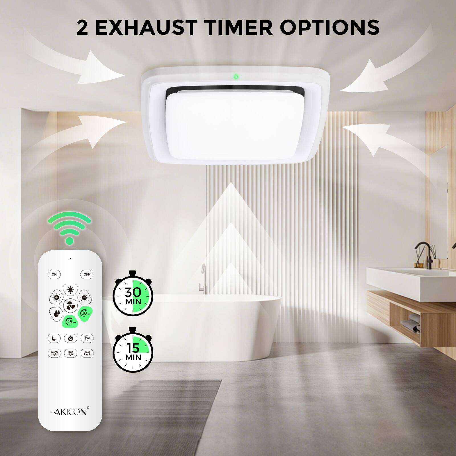 2 EXHAUST TIMER OPTIONS

- 30 MIN
- 15 MIN

AKICON