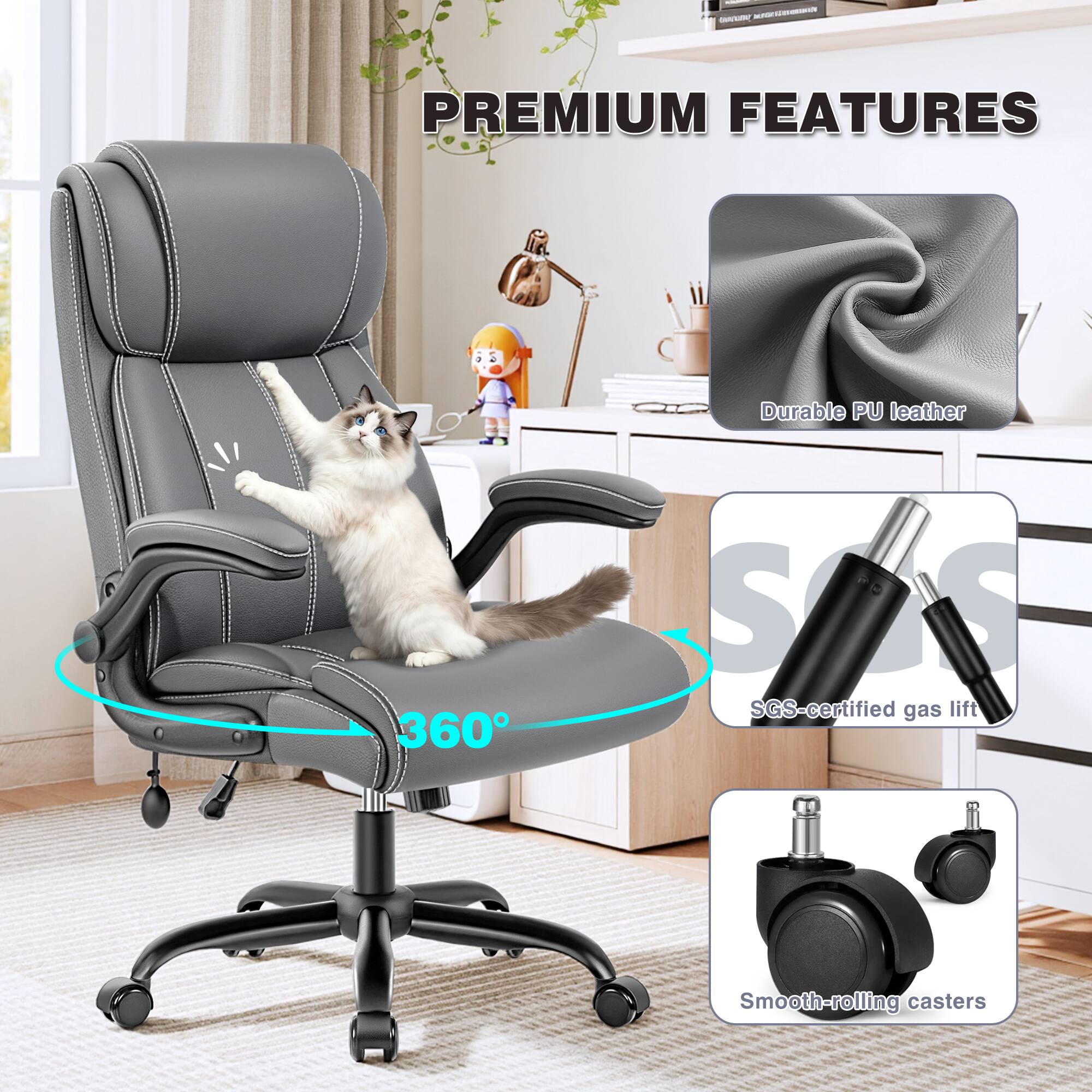- PREMIUM FEATURES
  - Durable PU leather
  - 360° rotation
  - SGS-certified gas lift
  - Smooth-rolling casters