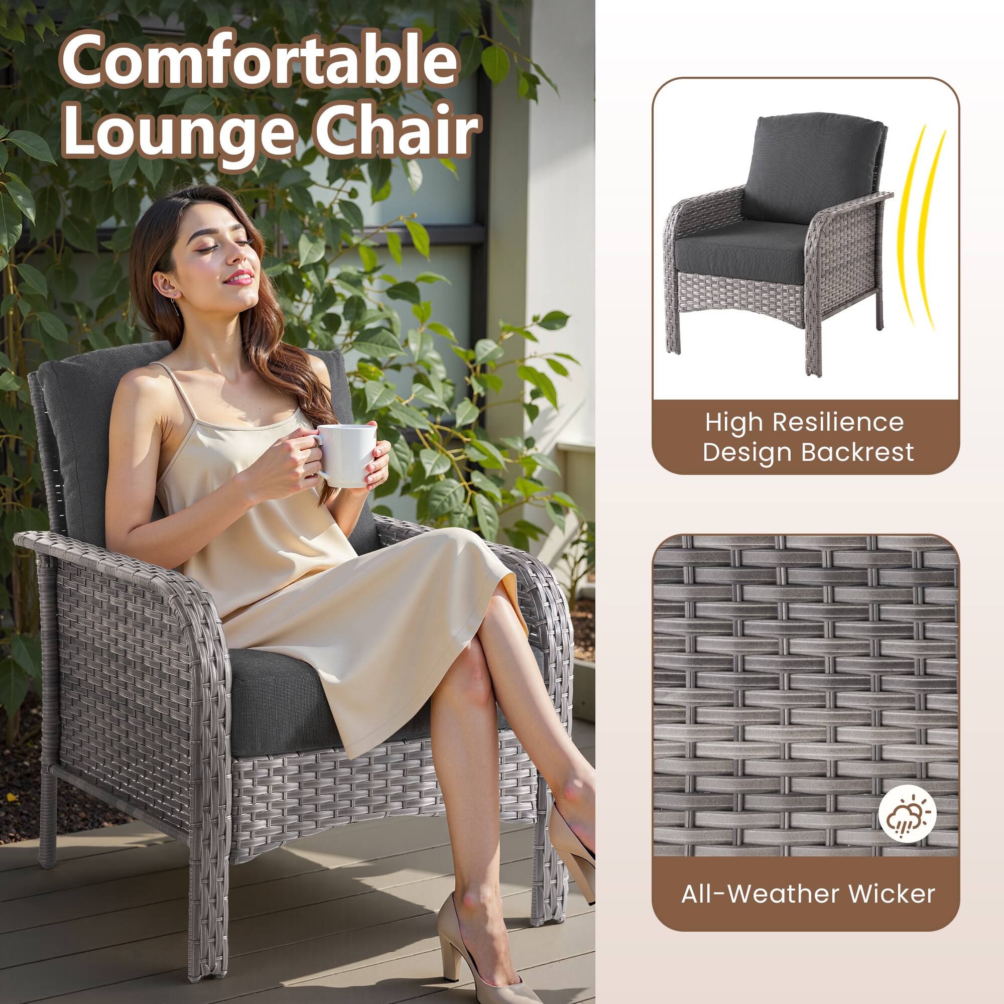 Comfortable Lounge Chair

High Resilience Design Backrest

All-Weather Wicker