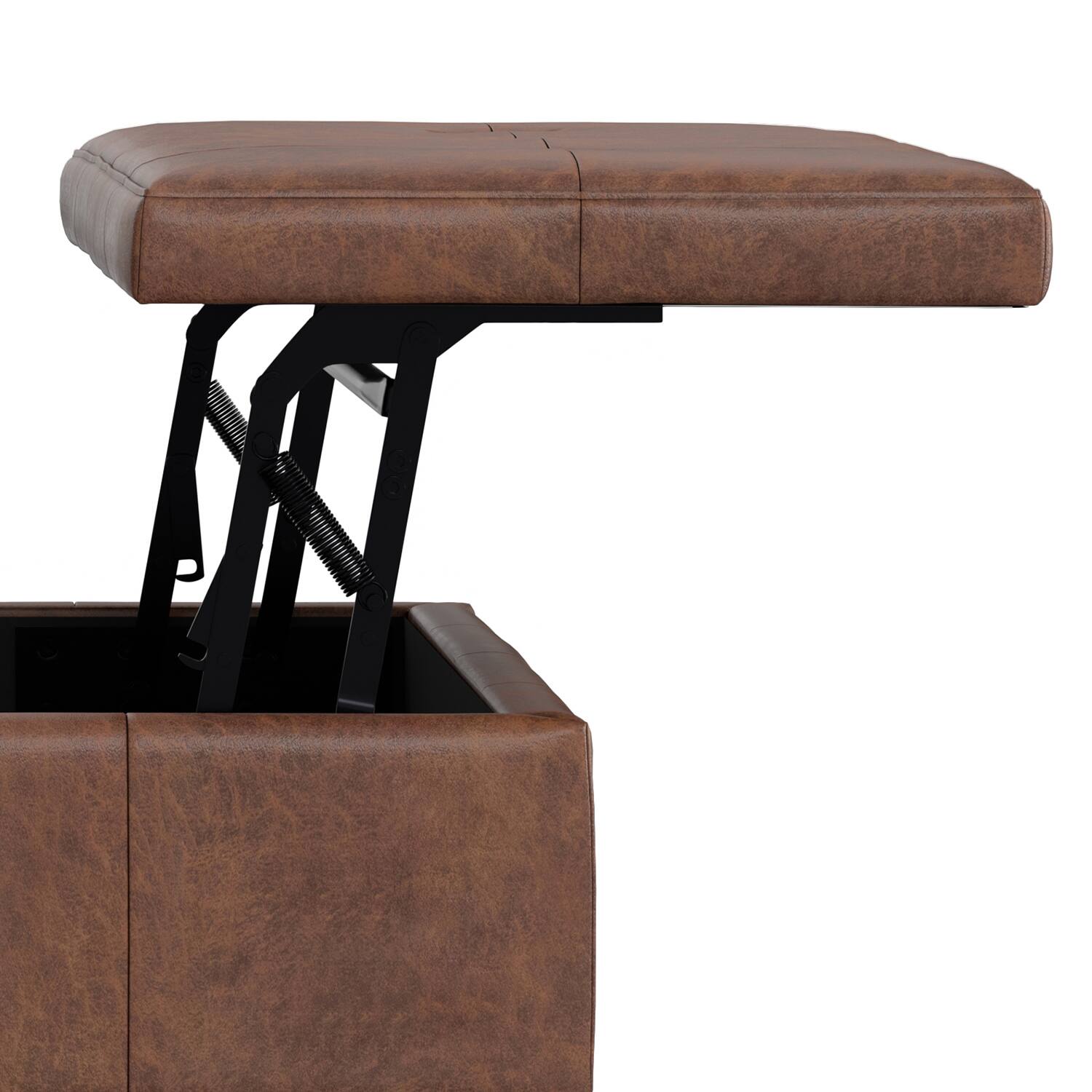 Alt View 8. Simpli Home - Dover 36 inch Contemporary Lift Top Coffee Table Storage Ottoman in Distressed Saddle Brown Vegan Faux Leather,Assembled - Distressed Saddle Brown.