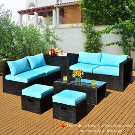 Gymax - 8PCS Rattan Patio Sectional Furniture Set w/ Waterproof Cover & Cushions - Turquoise