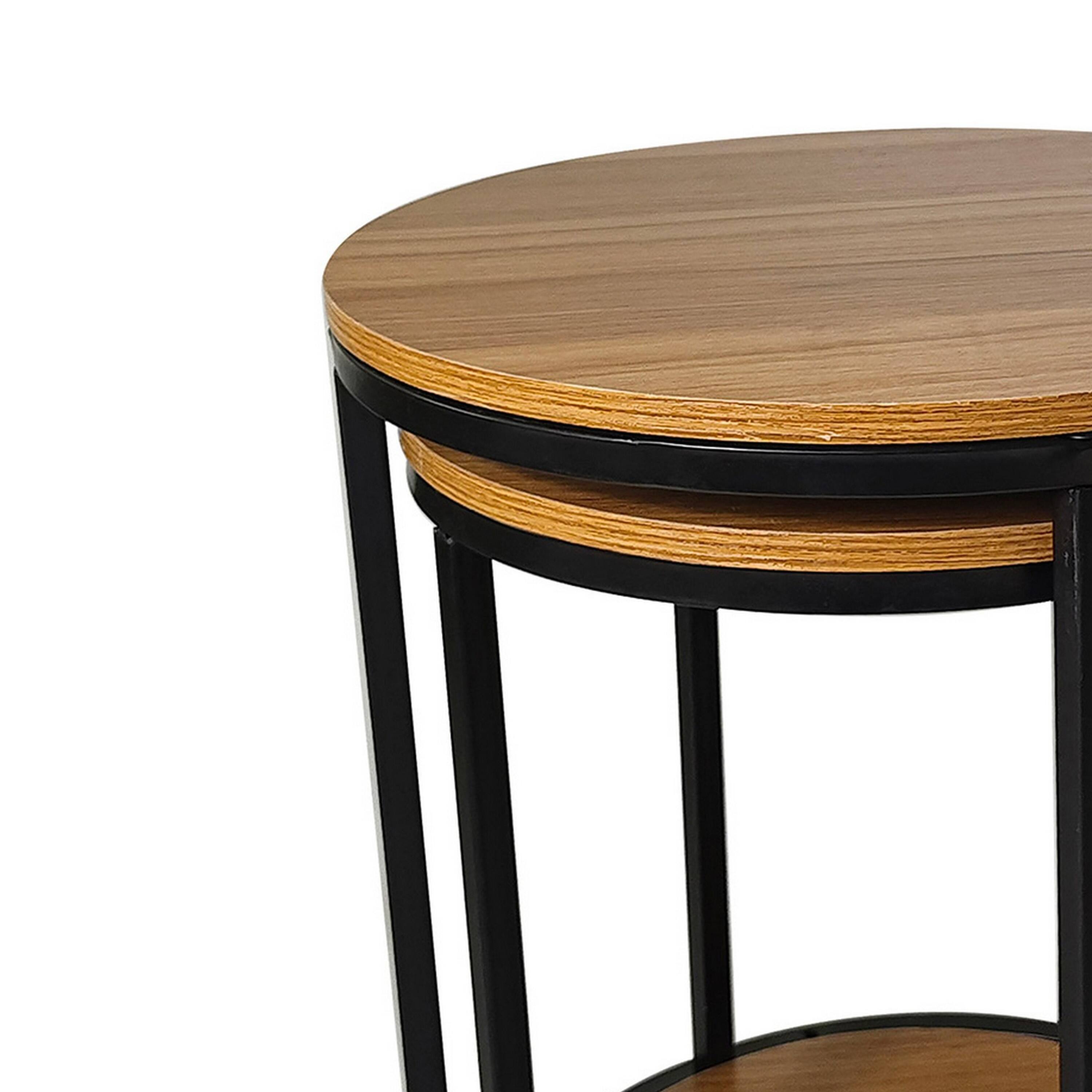 Alt View 2. Manhattan Lane - Molly Nesting Table Set of 2, Round Brown Solid Wood Top, Black Metal Frame - Natural Brown, Black.