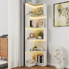 HTUTWOO - 5-Tier L-Shaped Corner Bookshelf with LED Lights & Anti-Fall Baffles, Space-Saving for Living Room Bedroom Home Office - White