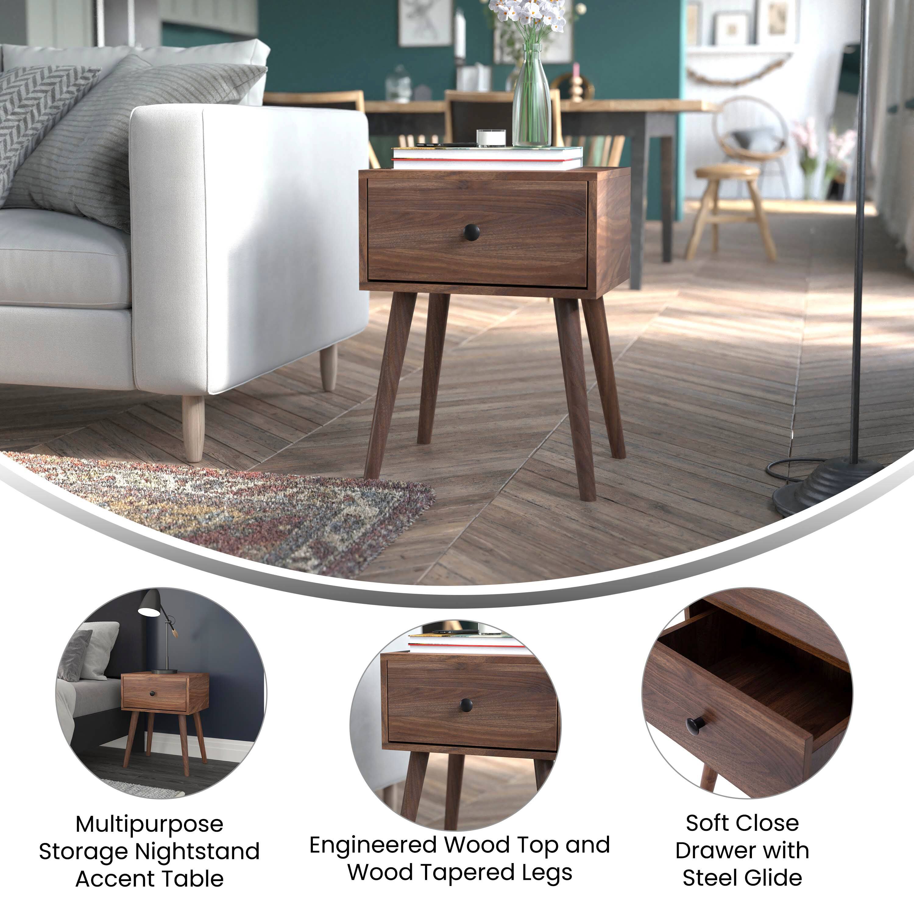 Multipurpose Nightstand Engineered Wood Top and Storage Accent Table Wood Tapered Legs Soft Close Drawer with Steel Glide

- Multipurpose Storage Nightstand Accent Table
- Engineered Wood Top and Wood Tapered Legs
- Soft Close Drawer with Steel Glide
