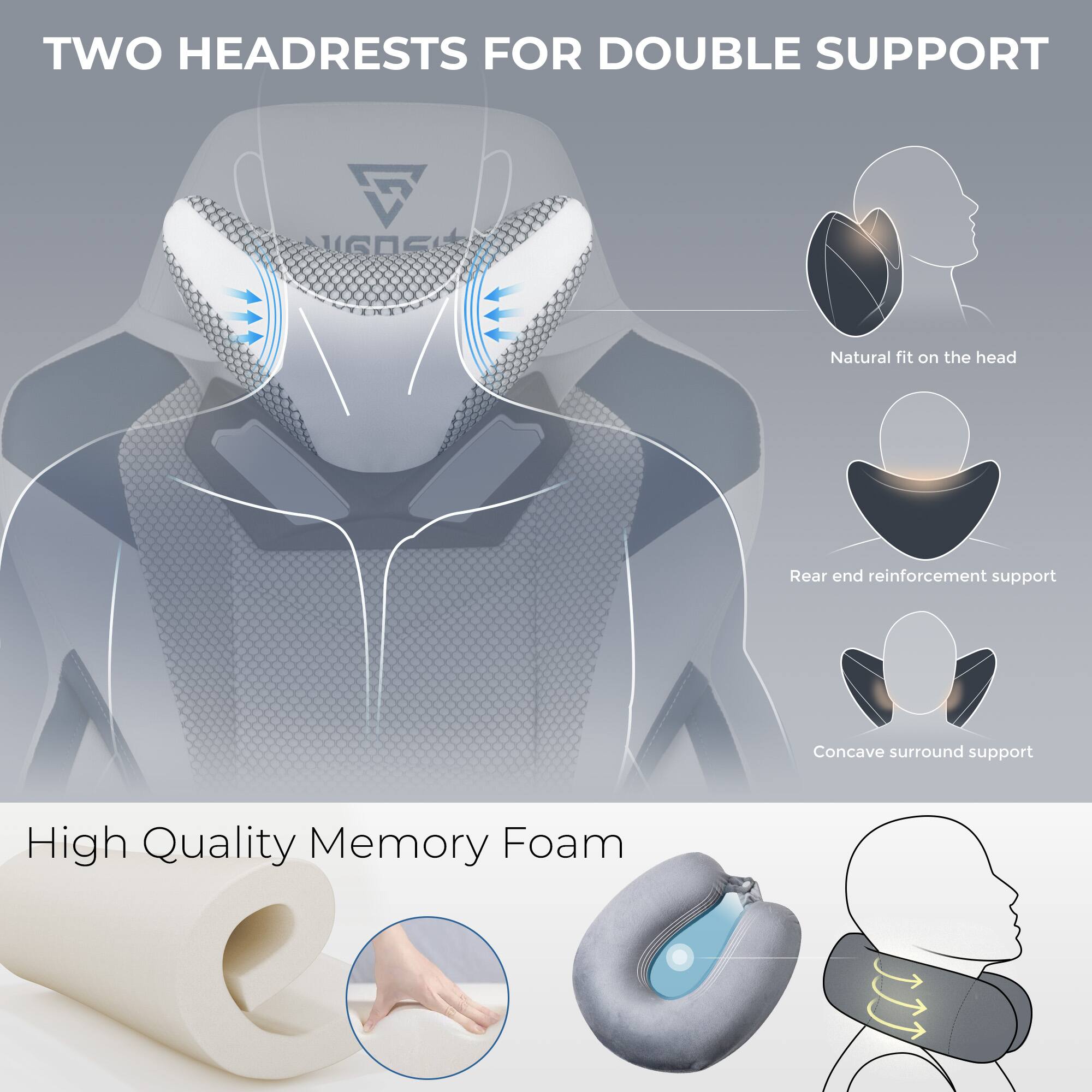 TWO HEADRESTS FOR DOUBLE SUPPORT

- Natural fit on the head
- Rear end reinforcement support
- Concave surround support

High Quality Memory Foam