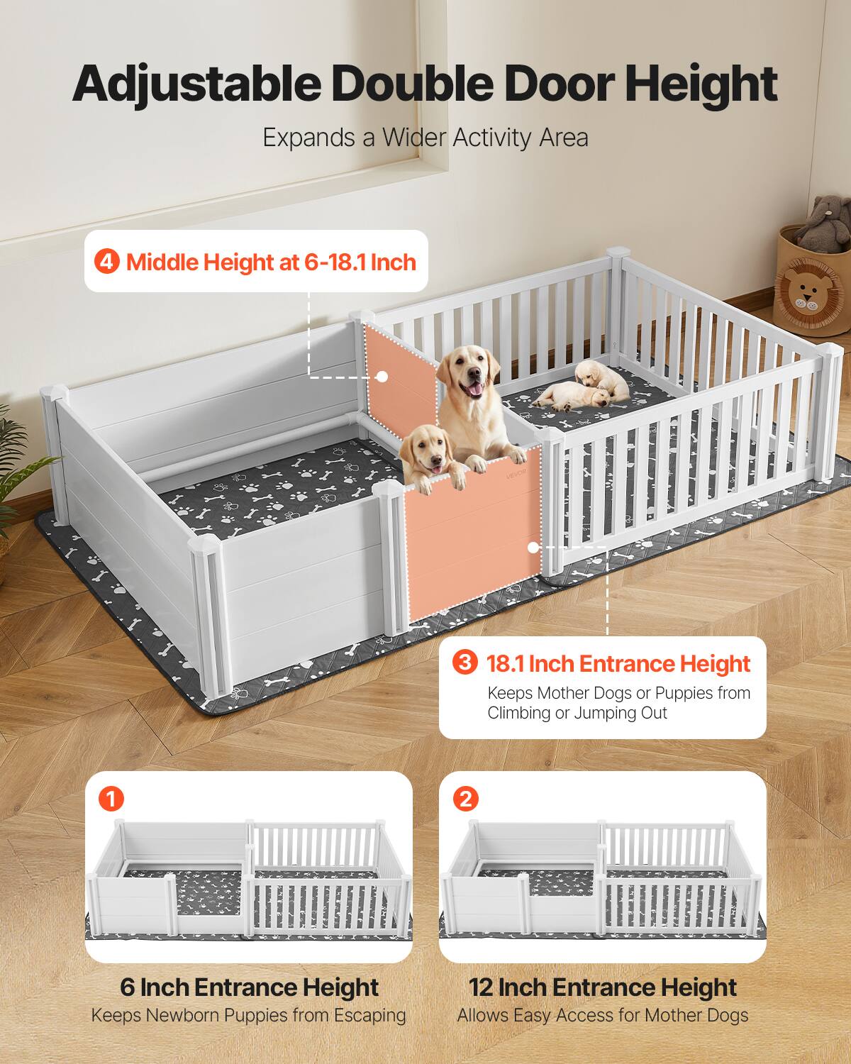 Adjustable Double Door Height  
Expands a Wider Activity Area  

1. 6 Inch Entrance Height  
   Keeps Newborn Puppies from Escaping  

2. 12 Inch Entrance Height  
   Allows Easy Access for Mother Dogs  

3. 18.1 Inch Entrance Height  
   Keeps Mother Dogs or Puppies from Climbing or Jumping Out  

4. Middle Height at 6-18.1 Inch